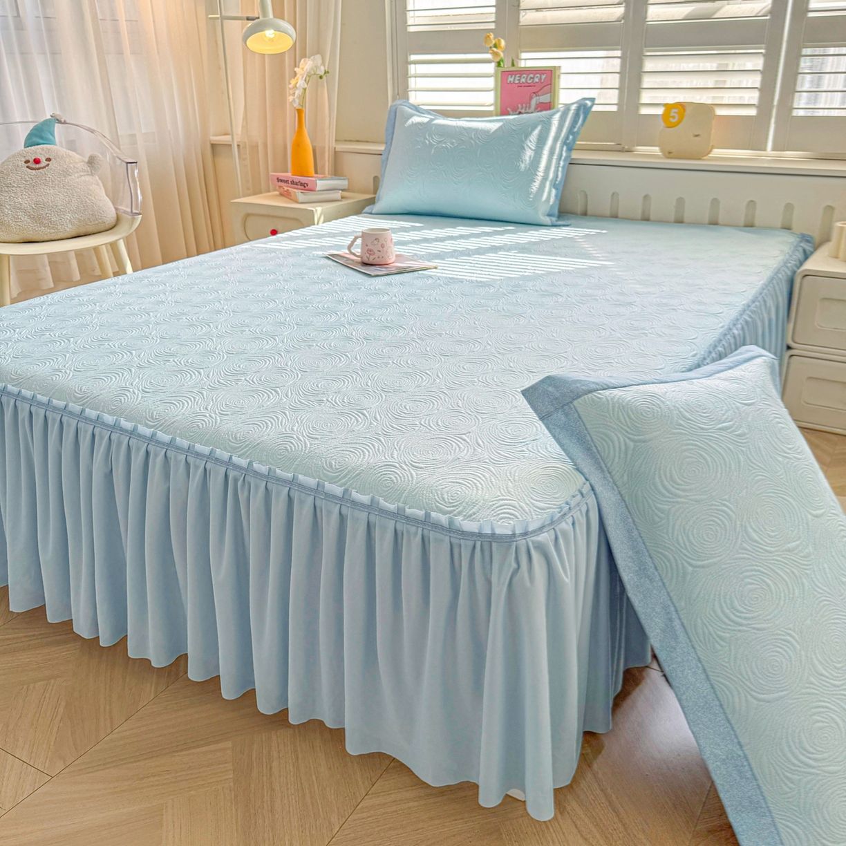 席都凉席工厂店 2026年款玫瑰提花凉感豆豆席云感亲肤可水洗夏凉软席床裙款-云柔玫瑰 云柔玫瑰-湖水蓝床裙款