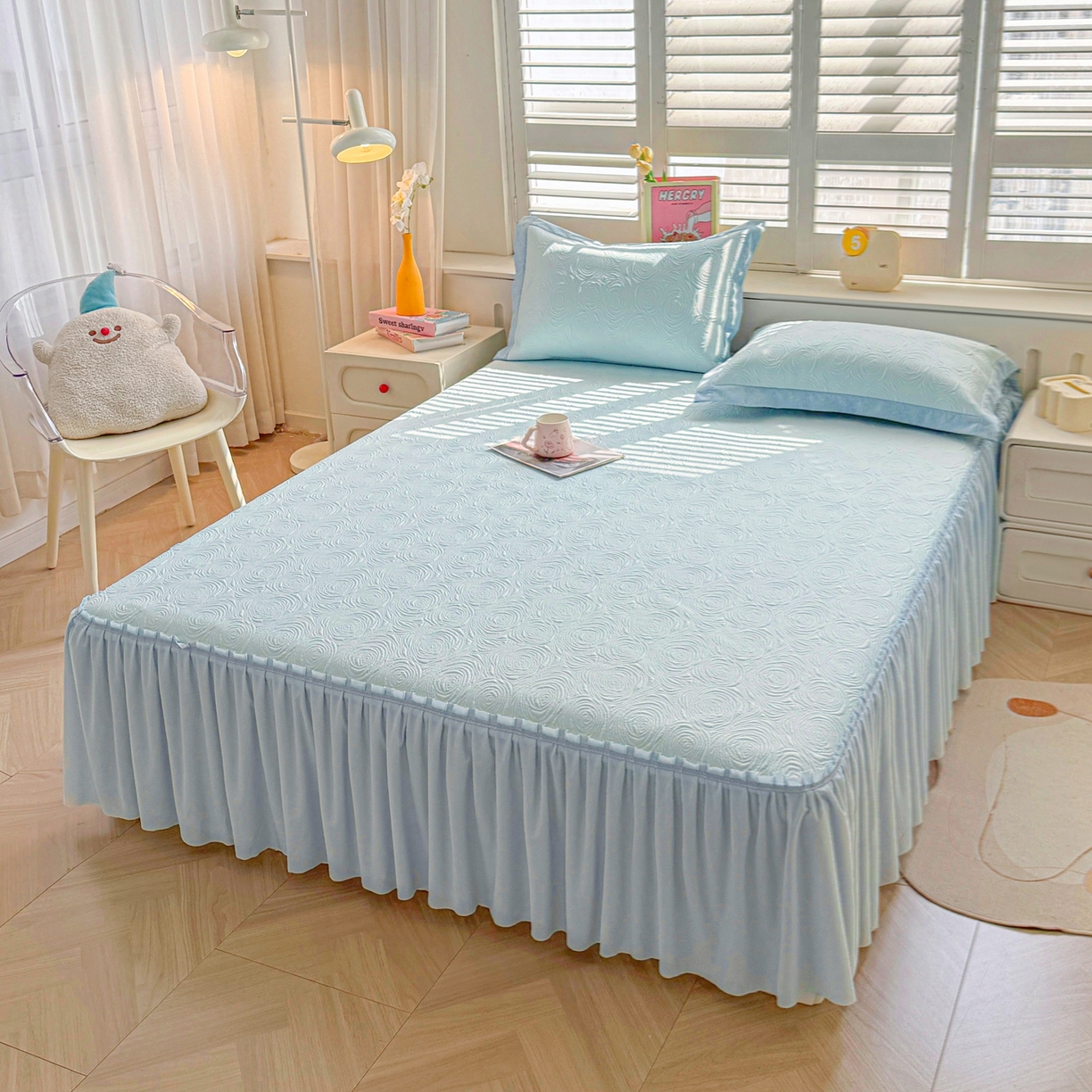 91家纺网 家纺一手货源 找家纺 席都凉席工厂店 2026年款玫瑰提花凉感豆豆席云感亲肤可水洗夏凉软席床裙款-云柔玫瑰 云柔玫瑰-湖水蓝床裙款