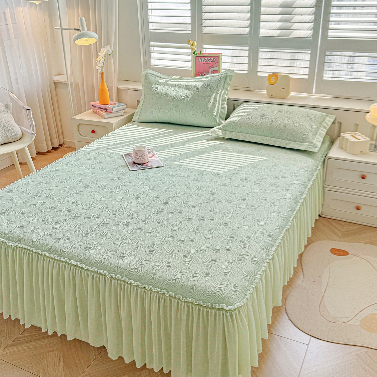 91家纺网 家纺一手货源 找家纺 席都凉席工厂店 2026年款玫瑰提花凉感豆豆席云感亲肤可水洗夏凉软席床裙款-云柔玫瑰 云柔玫瑰-薄荷绿床裙款