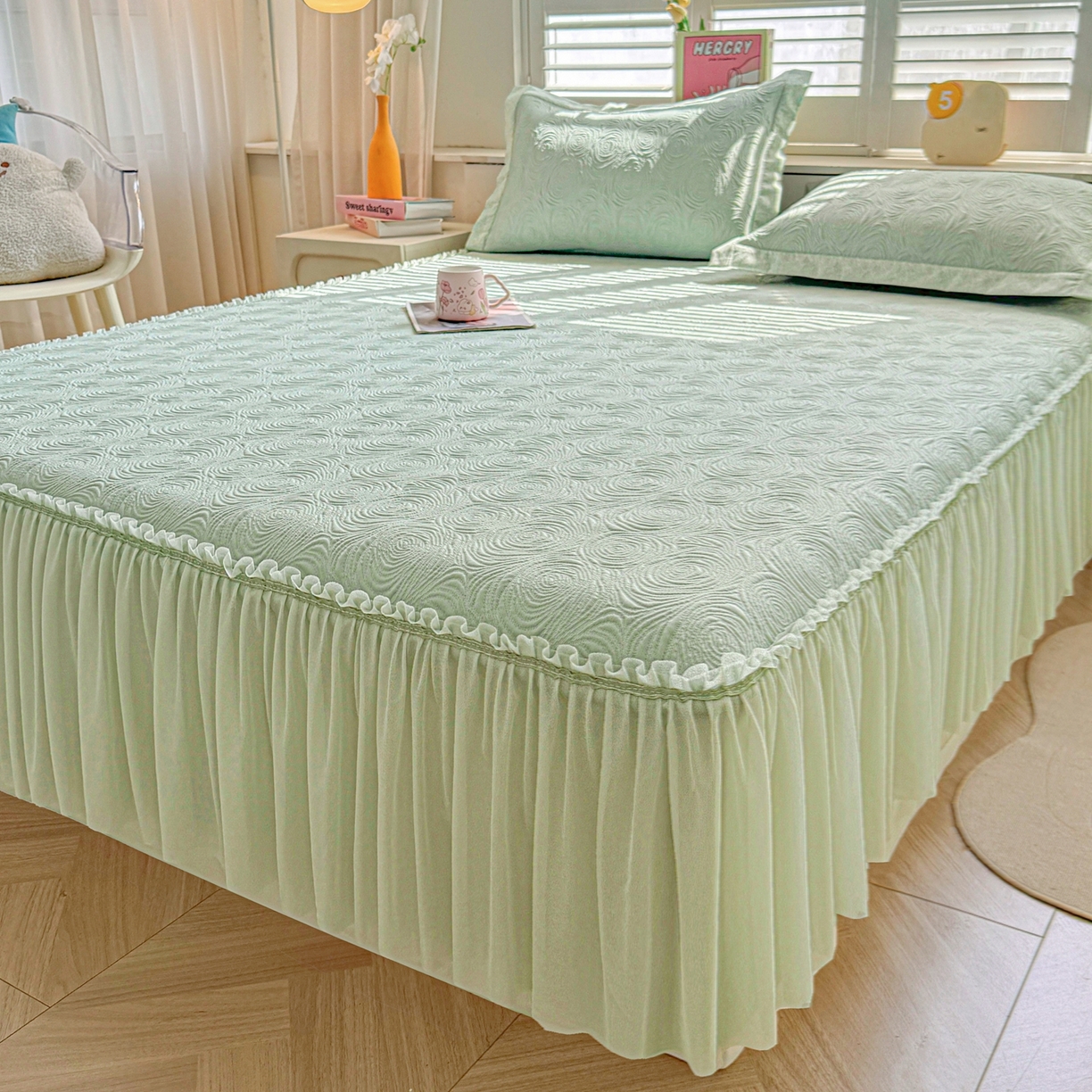 91家纺网 家纺一手货源 找家纺 席都凉席工厂店 2026年款玫瑰提花凉感豆豆席云感亲肤可水洗夏凉软席床裙款-云柔玫瑰 云柔玫瑰-薄荷绿床裙款