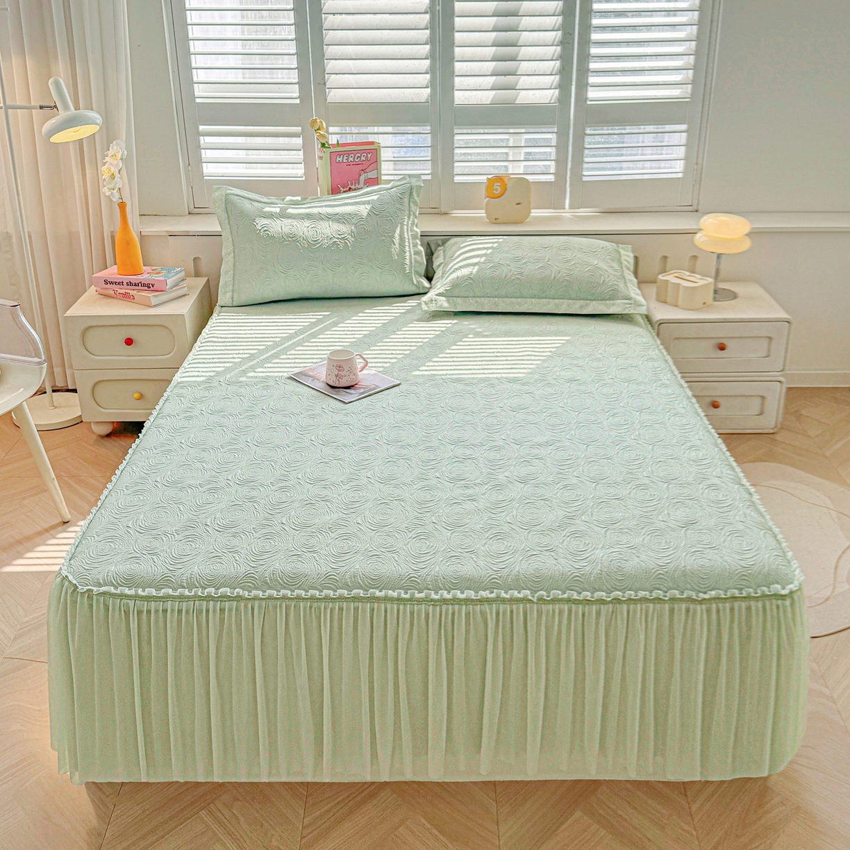 91家纺网 家纺一手货源 找家纺 席都凉席工厂店 2026年款玫瑰提花凉感豆豆席云感亲肤可水洗夏凉软席床裙款-云柔玫瑰 云柔玫瑰-薄荷绿床裙款