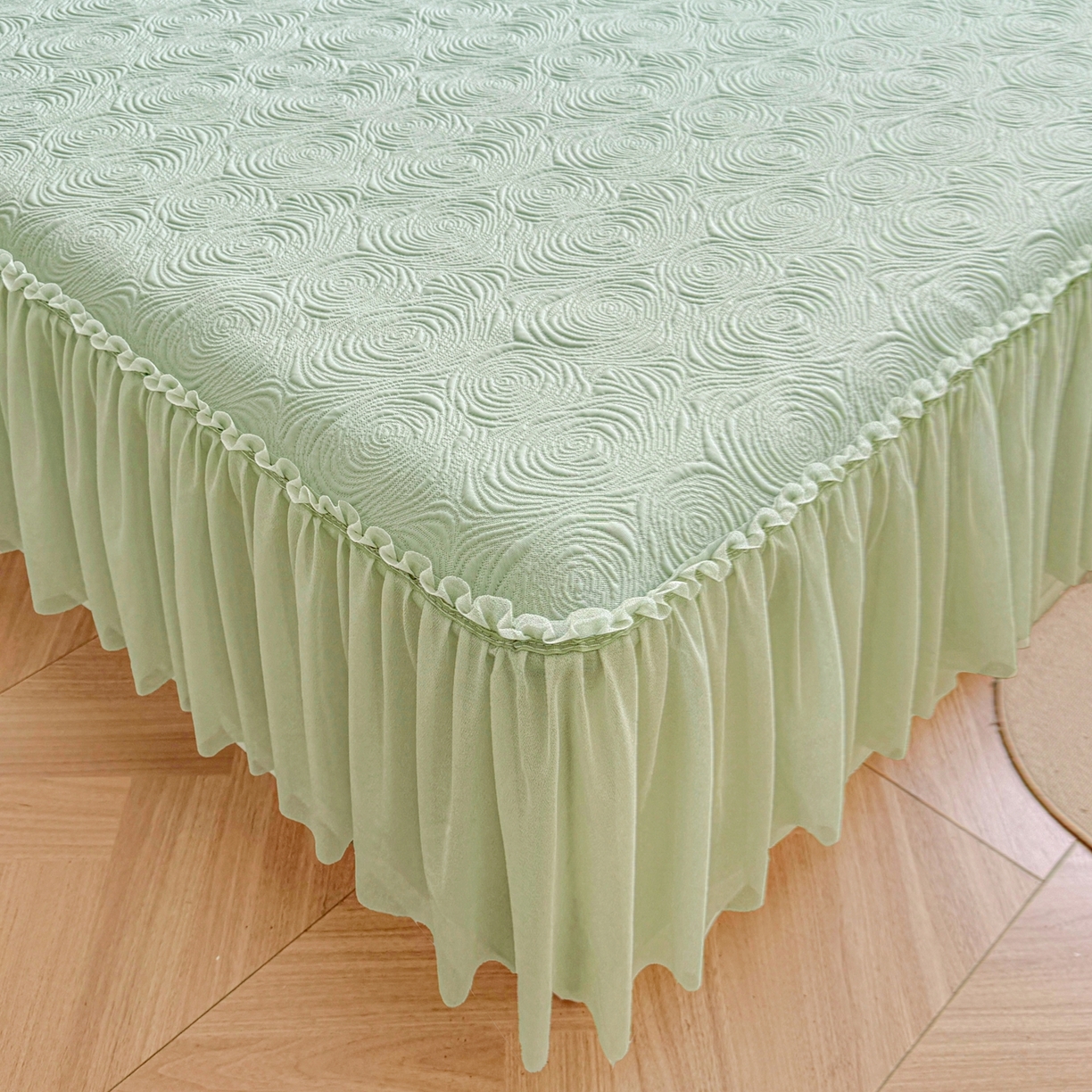 91家纺网 家纺一手货源 找家纺 席都凉席工厂店 2026年款玫瑰提花凉感豆豆席云感亲肤可水洗夏凉软席床裙款-云柔玫瑰 云柔玫瑰-薄荷绿床裙款