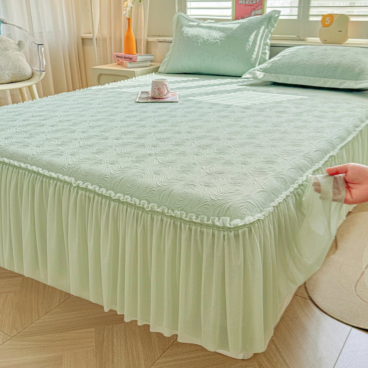 91家纺网 家纺一手货源 找家纺 席都凉席工厂店 2026年款玫瑰提花凉感豆豆席云感亲肤可水洗夏凉软席床裙款-云柔玫瑰 云柔玫瑰-薄荷绿床裙款