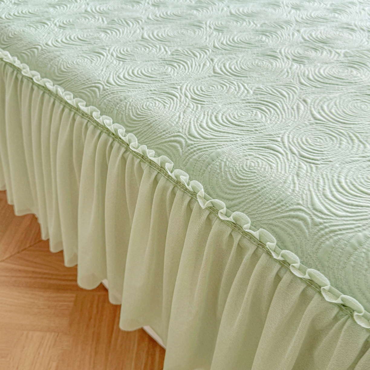 91家纺网 家纺一手货源 找家纺 席都凉席工厂店 2026年款玫瑰提花凉感豆豆席云感亲肤可水洗夏凉软席床裙款-云柔玫瑰 云柔玫瑰-薄荷绿床裙款