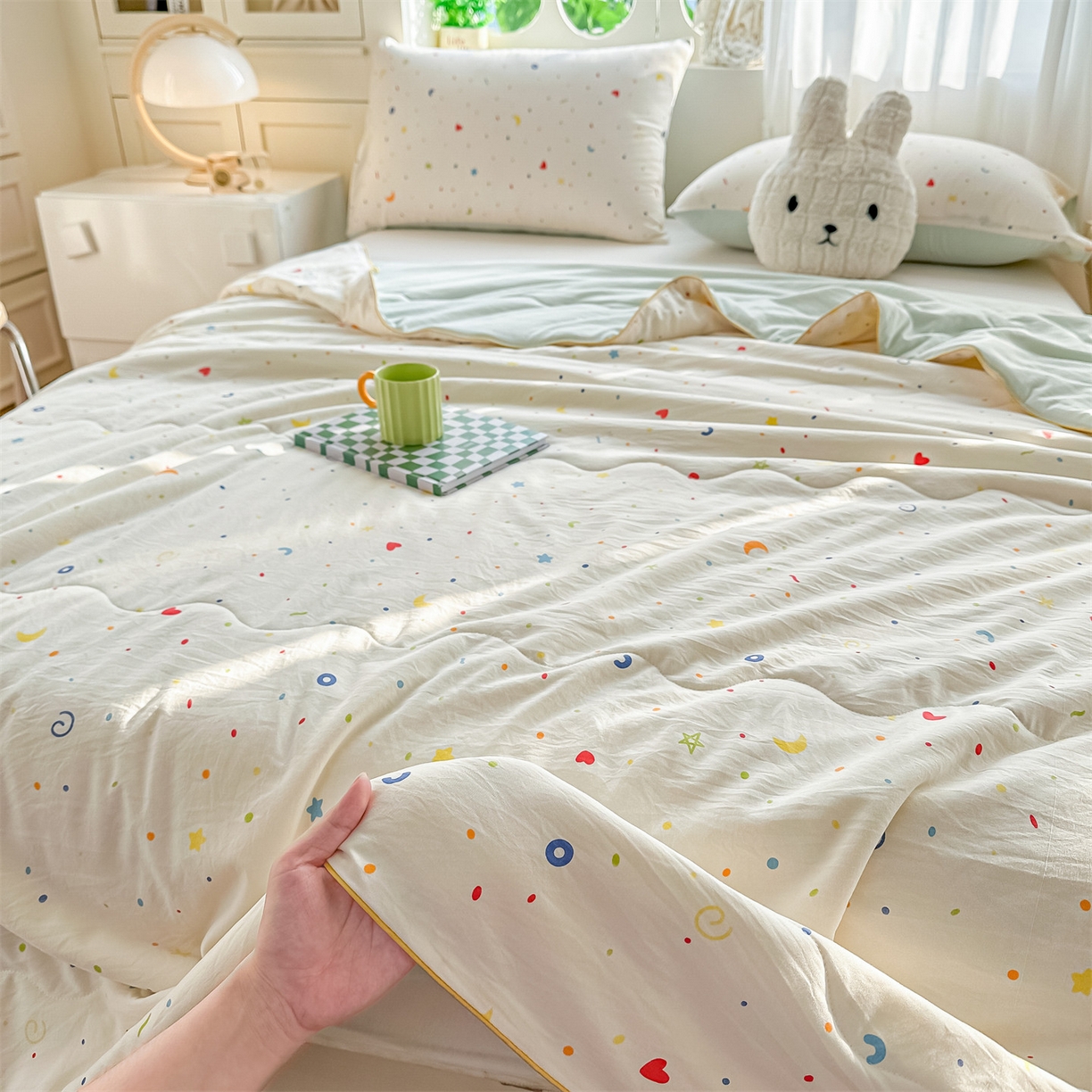 91家纺网 家纺一手货源 找家纺 招财星家纺 2026新款A类水洗棉皱绉纱夏被空调被印花夏凉被子被芯（带质检报告买家秀） 星彩奶糖