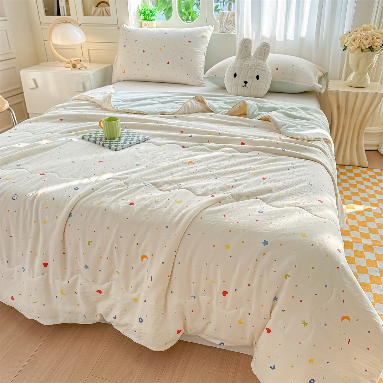 91家纺网 家纺一手货源 找家纺 招财星家纺 2026新款A类水洗棉皱绉纱夏被空调被印花夏凉被子被芯（带质检报告买家秀） 星彩奶糖