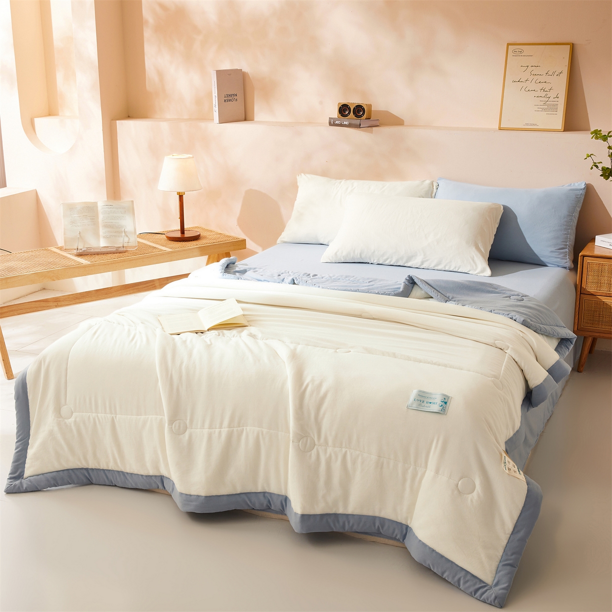 91家纺网 家纺一手货源 找家纺 罗布斯 2026新款简约纯色风水洗棉双拼夏被新疆棉花被夏凉被空调被(买家秀加微） 珠光白拼蓝