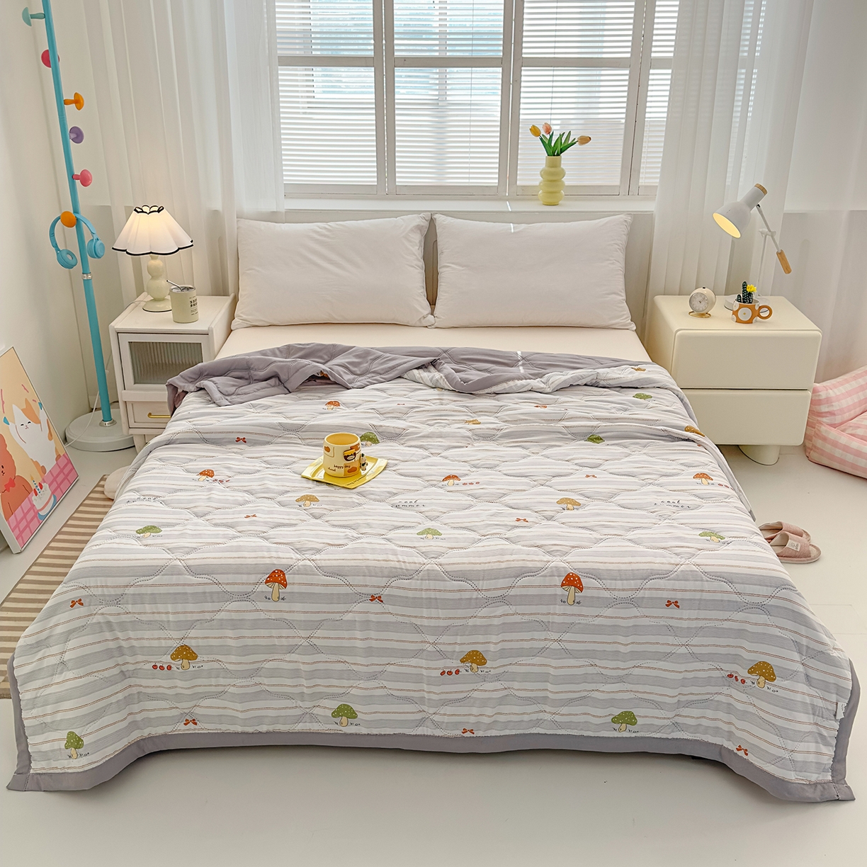 悦织湾家纺 2026新款超声波夏凉被印花水洗棉夏被供货批发赠品礼品被便宜夏被 田园小蘑菇