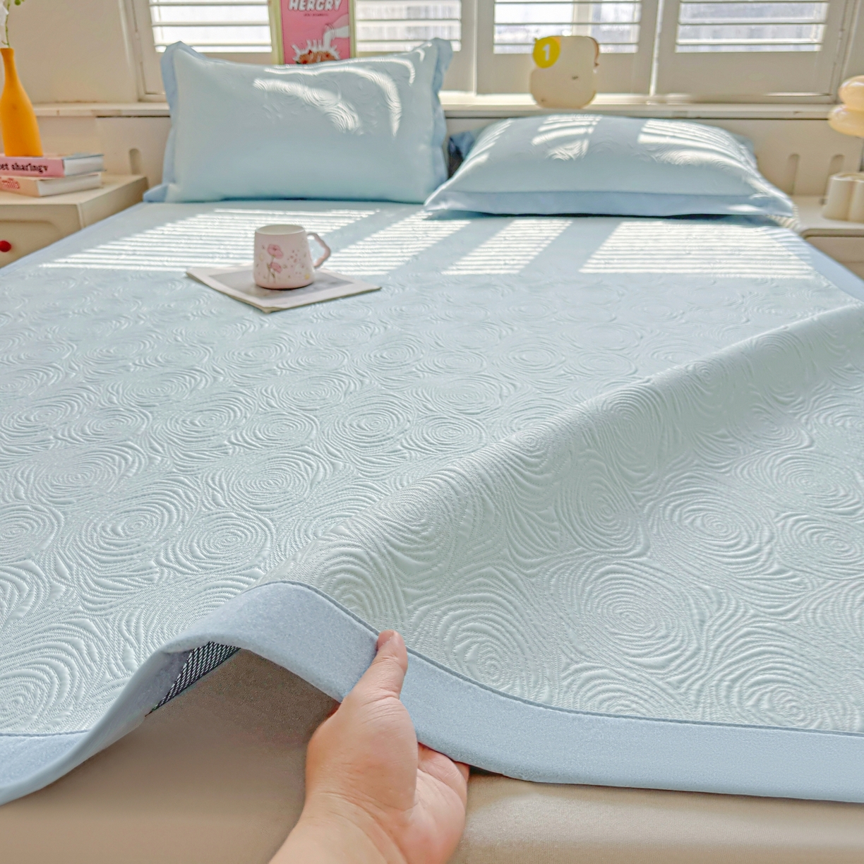 席都凉席工厂店 2026年款玫瑰提花凉感豆豆席云感亲肤可水洗夏凉软席直角款-云柔玫瑰 云柔玫瑰-湖水蓝直角款