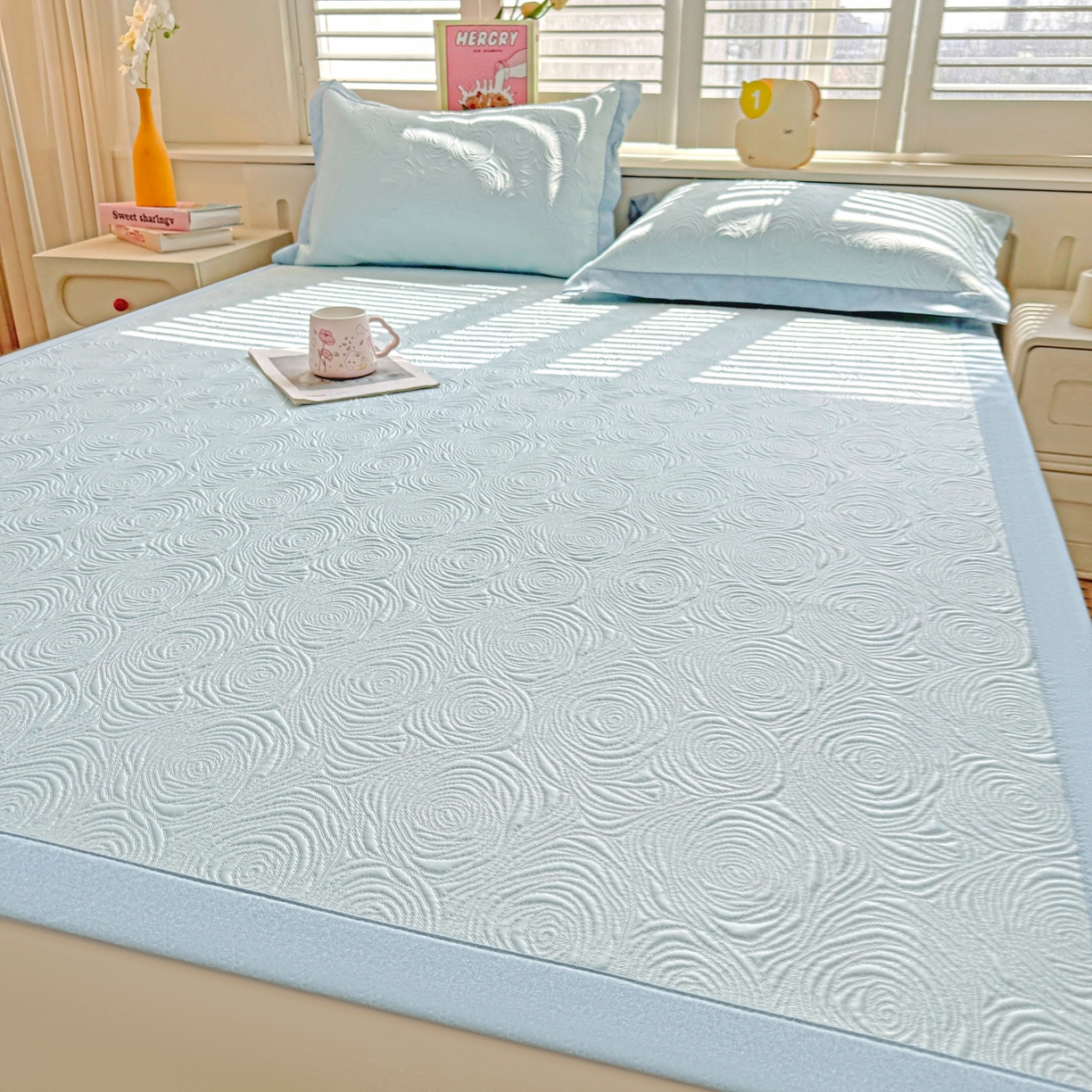 91家纺网 家纺一手货源 找家纺 席都凉席工厂店 2026年款玫瑰提花凉感豆豆席云感亲肤可水洗夏凉软席直角款-云柔玫瑰 云柔玫瑰-湖水蓝直角款