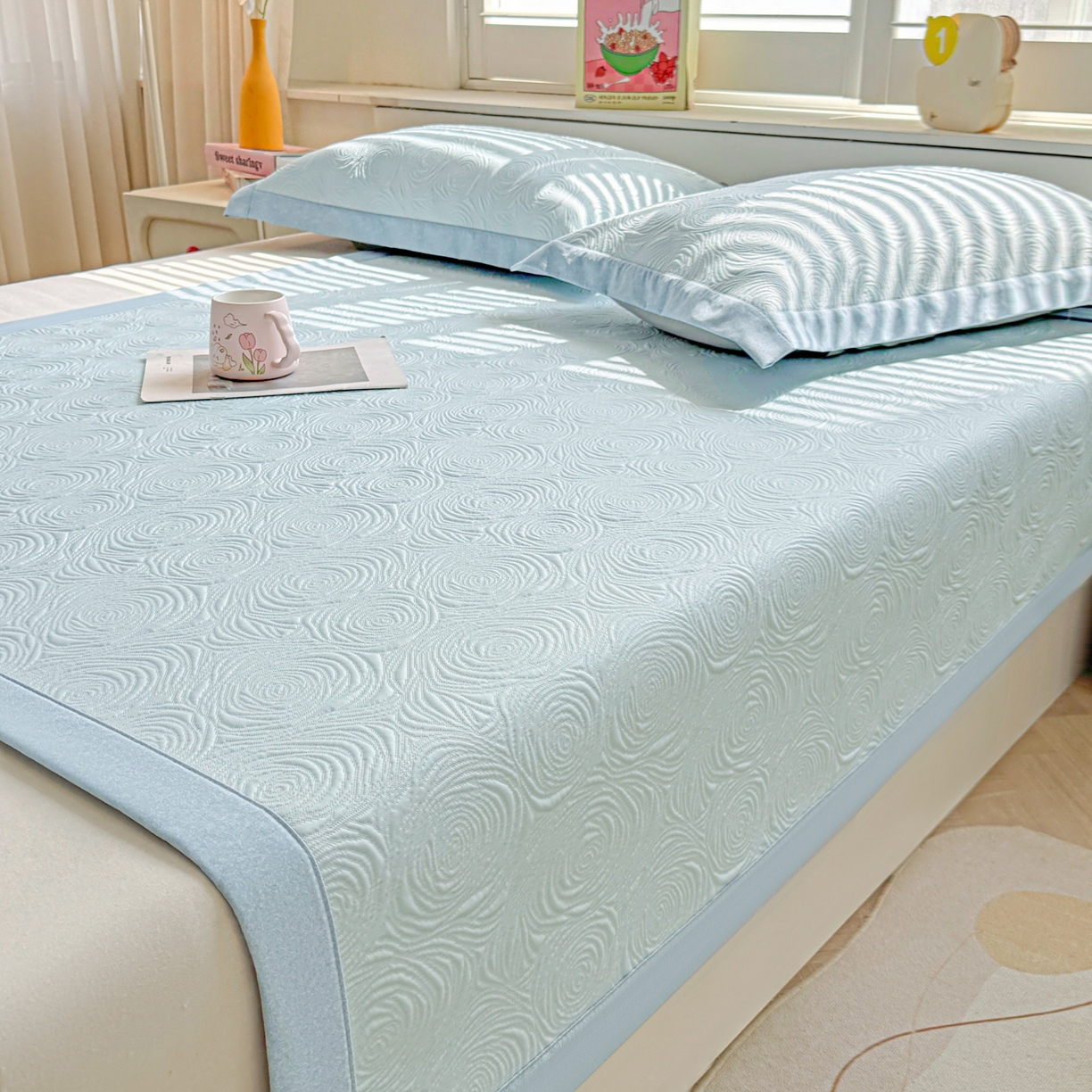 91家纺网 家纺一手货源 找家纺 席都凉席工厂店 2026年款玫瑰提花凉感豆豆席云感亲肤可水洗夏凉软席直角款-云柔玫瑰 云柔玫瑰-湖水蓝直角款