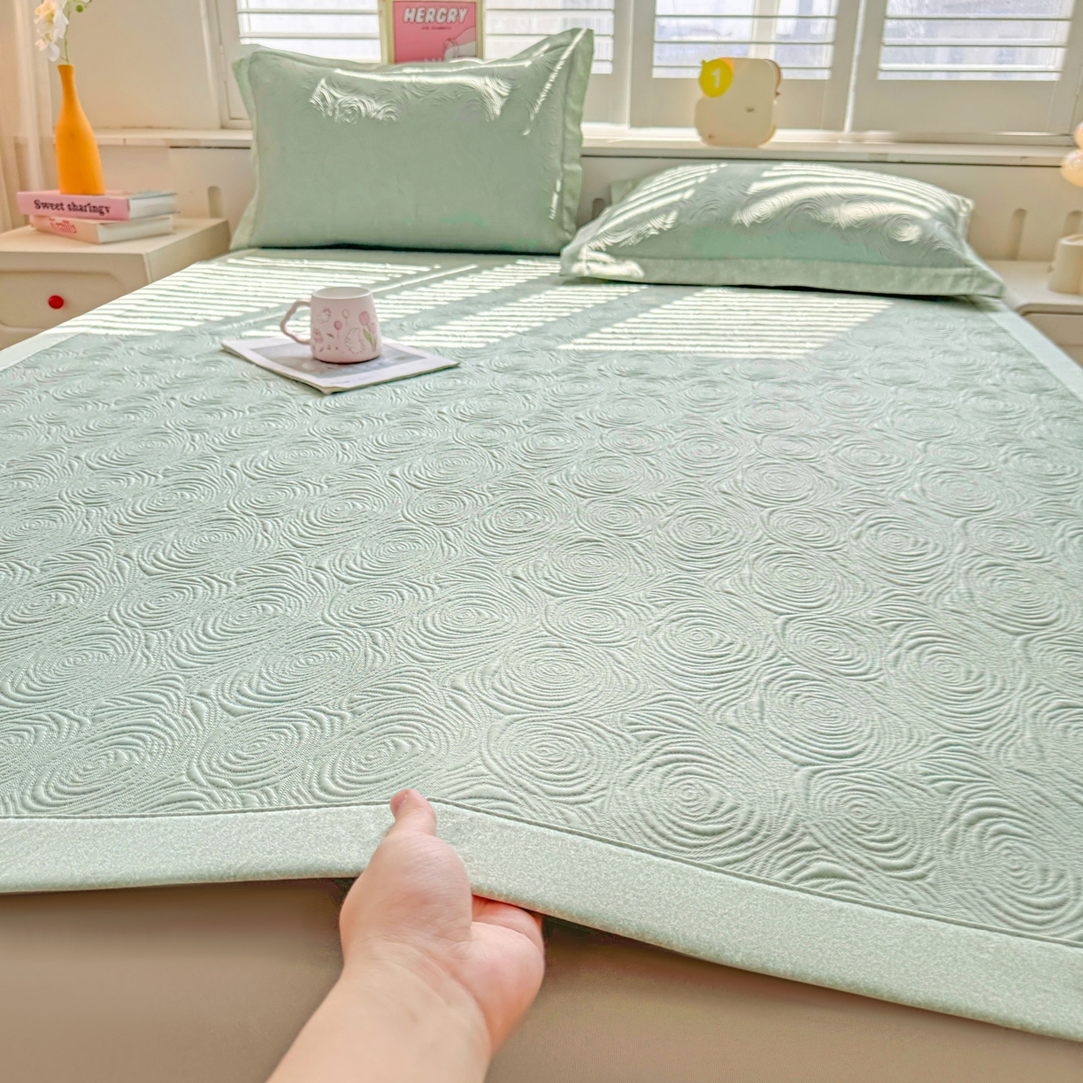 席都凉席工厂店 2026年款玫瑰提花凉感豆豆席云感亲肤可水洗夏凉软席直角款-云柔玫瑰 云柔玫瑰-薄荷绿直角款