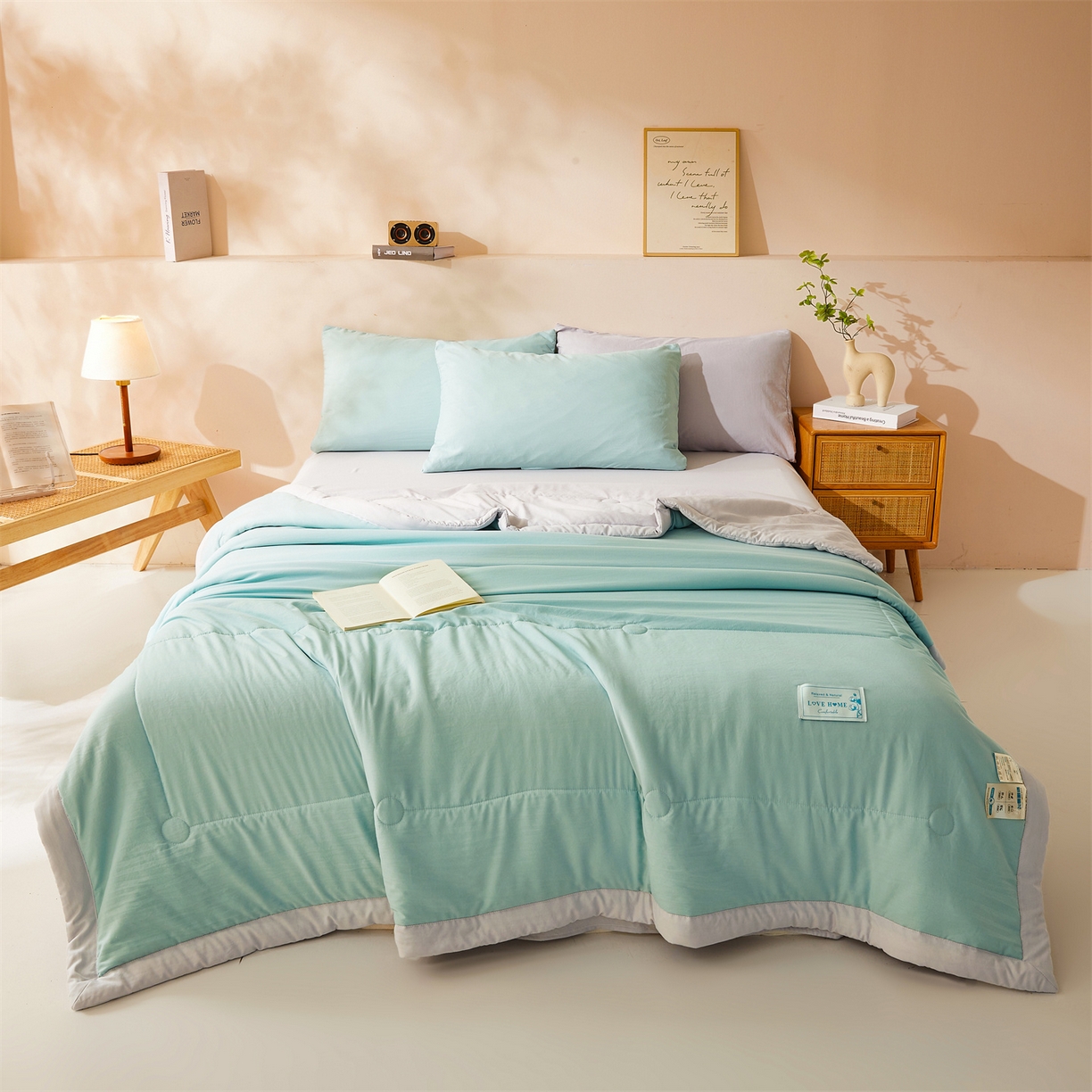 91家纺网 家纺一手货源 找家纺 罗布斯 2026新款简约纯色风水洗棉双拼夏被新疆棉花被夏凉被空调被(买家秀加微） 青果绿拼灰