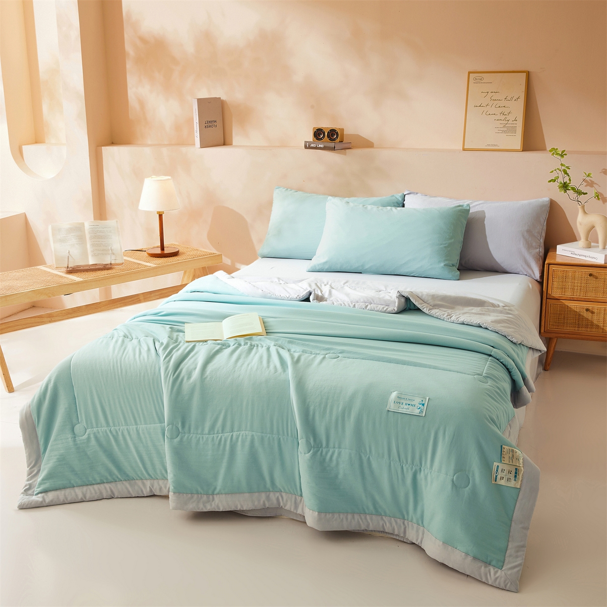 91家纺网 家纺一手货源 找家纺 罗布斯 2026新款简约纯色风水洗棉双拼夏被新疆棉花被夏凉被空调被(买家秀加微） 青果绿拼灰