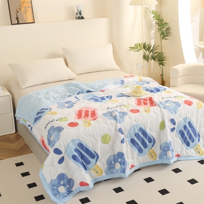 91家纺网 家纺一手货源 找家纺 悦织湾家纺 2026新款超声波夏凉被印花水洗棉夏被供货批发赠品礼品被便宜夏被 缤纷心情