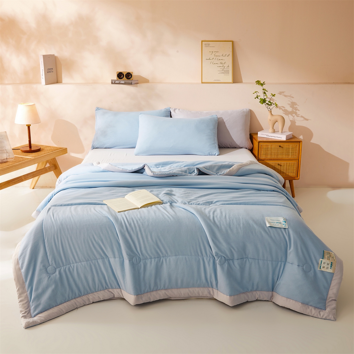 91家纺网 家纺一手货源 找家纺 罗布斯 2026新款简约纯色风水洗棉双拼夏被新疆棉花被夏凉被空调被(买家秀加微） 天空蓝