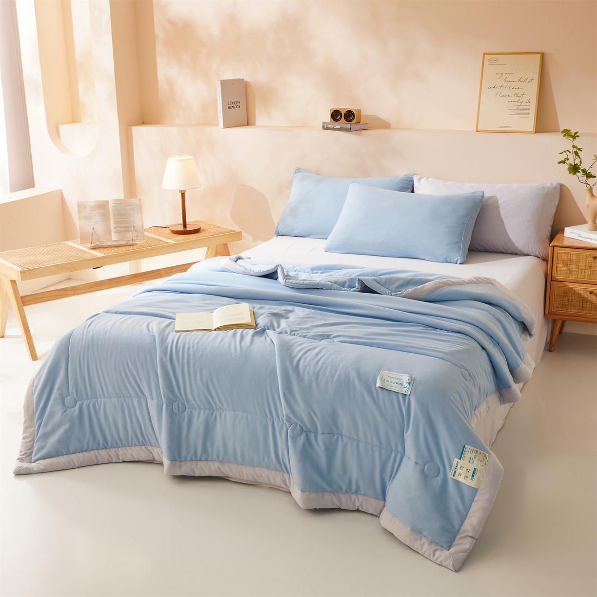 91家纺网 家纺一手货源 找家纺 罗布斯 2026新款简约纯色风水洗棉双拼夏被新疆棉花被夏凉被空调被(买家秀加微） 天空蓝