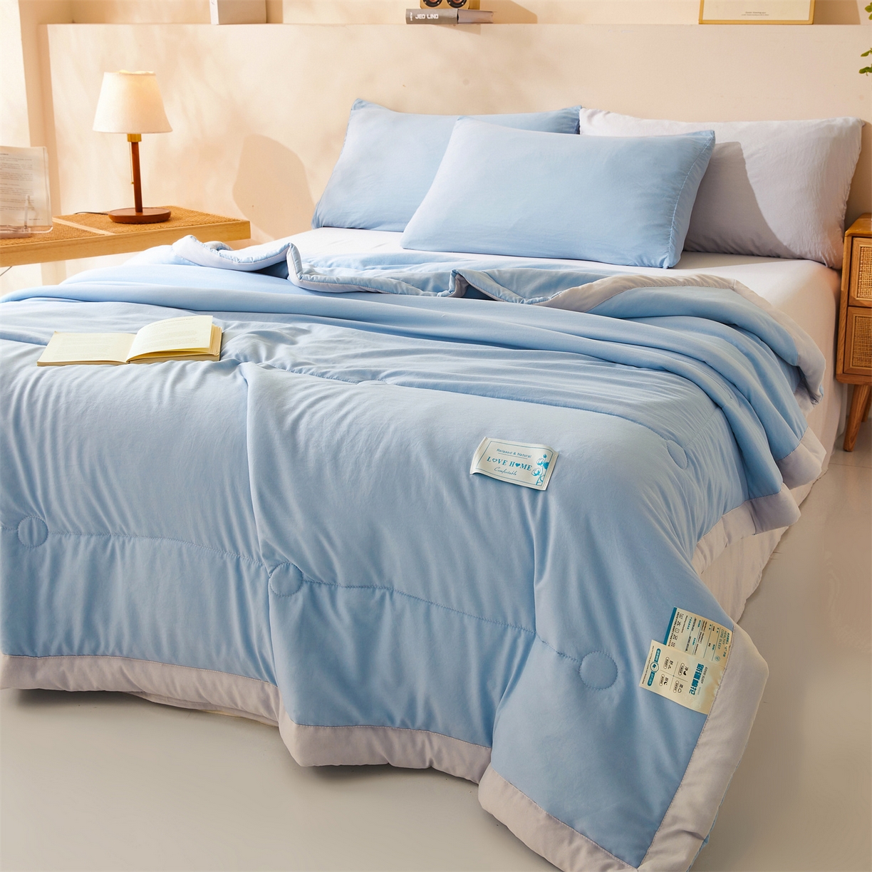 91家纺网 家纺一手货源 找家纺 罗布斯 2026新款简约纯色风水洗棉双拼夏被新疆棉花被夏凉被空调被(买家秀加微） 天空蓝