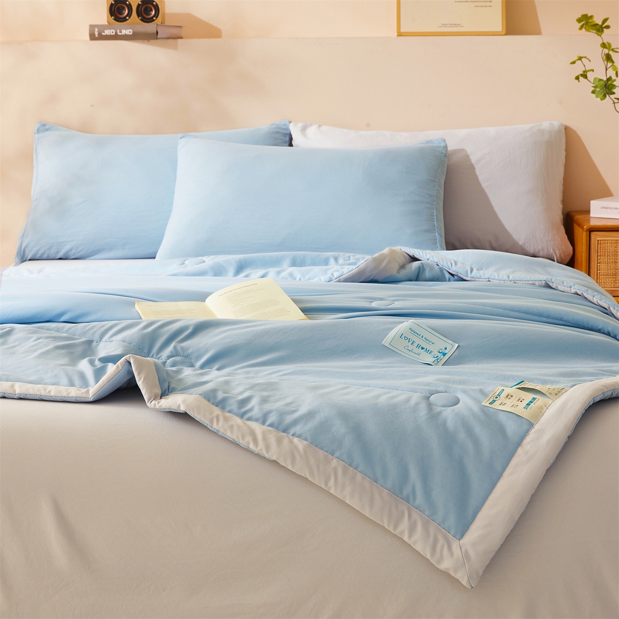 91家纺网 家纺一手货源 找家纺 罗布斯 2026新款简约纯色风水洗棉双拼夏被新疆棉花被夏凉被空调被(买家秀加微） 天空蓝