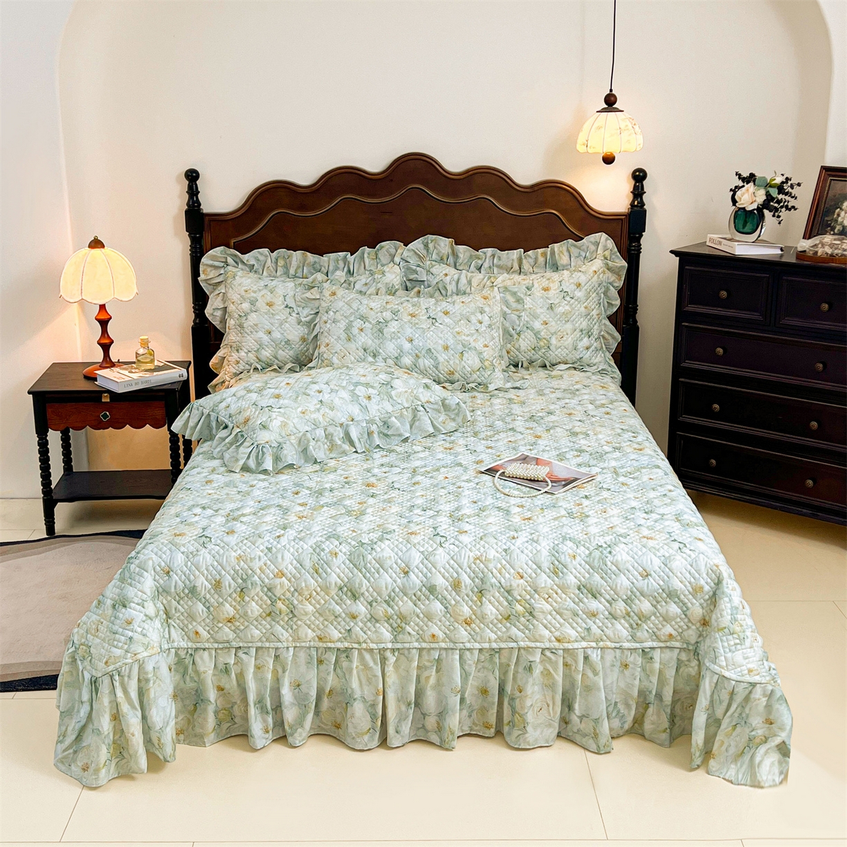 91家纺网 家纺一手货源 找家纺 宜凡 2026新款莱赛尔夹棉床盖单件床盖三件套 栀子花年