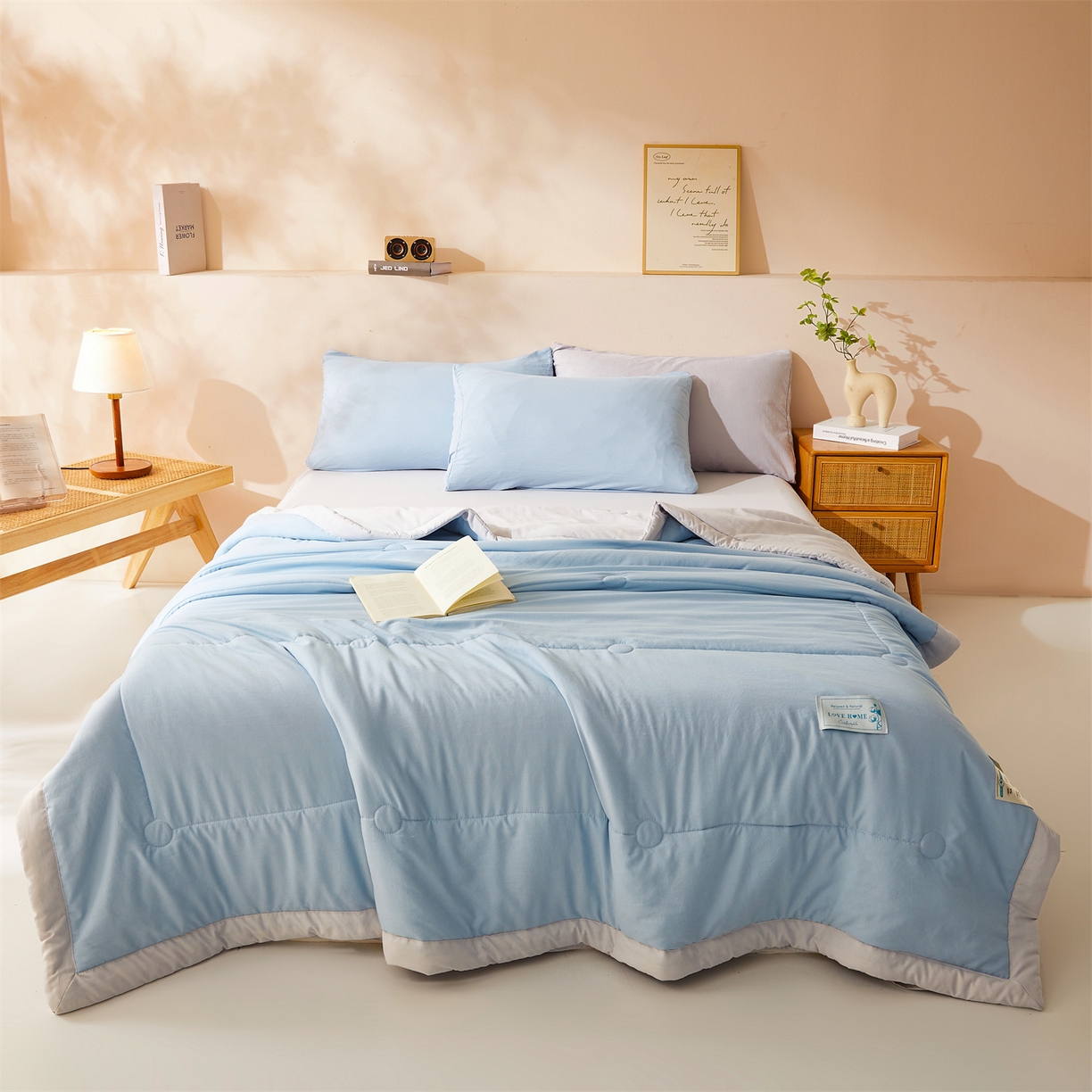 91家纺网 家纺一手货源 找家纺 罗布斯 2026新款简约纯色风水洗棉双拼夏被新疆棉花被夏凉被空调被(买家秀加微） 天空蓝拼灰
