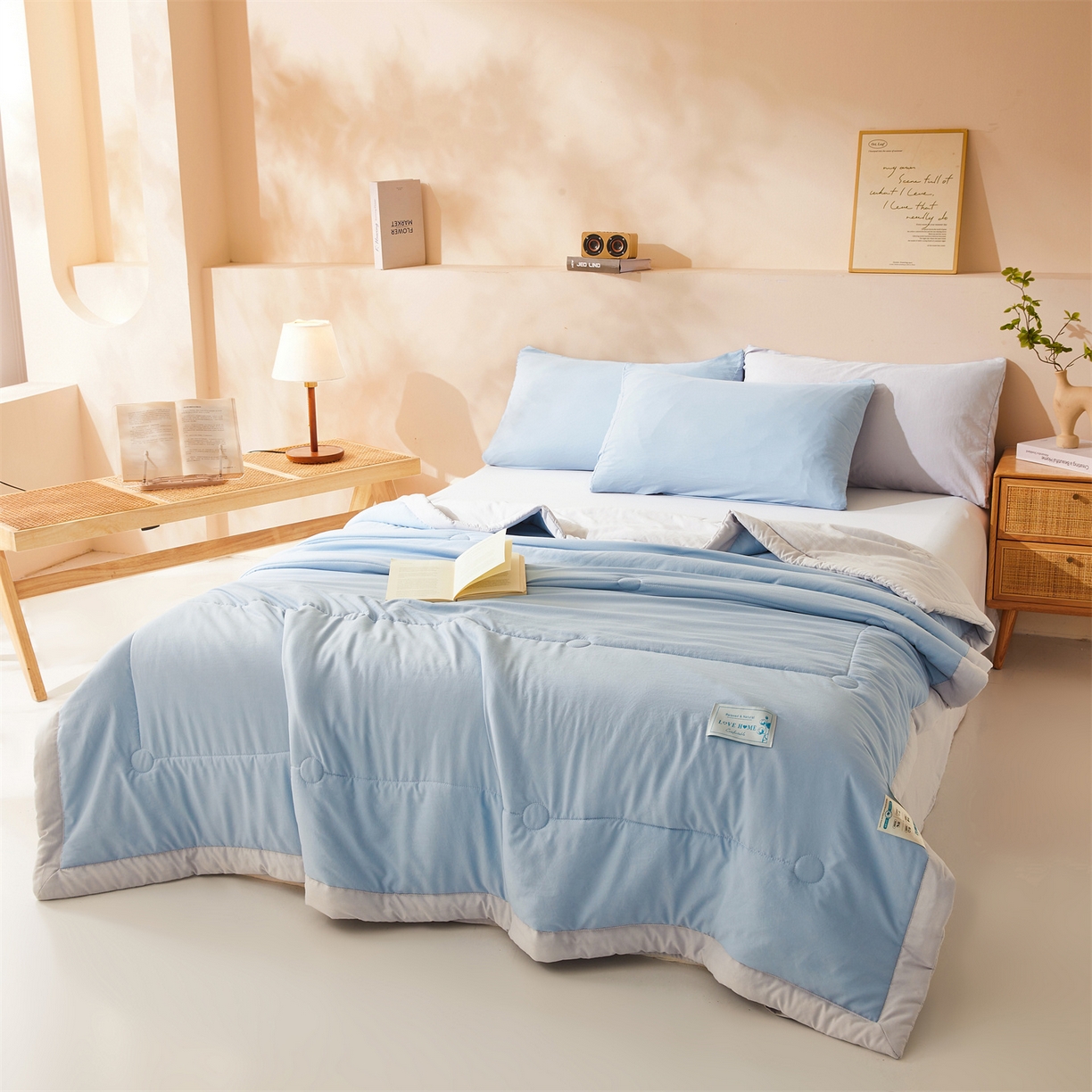 91家纺网 家纺一手货源 找家纺 罗布斯 2026新款简约纯色风水洗棉双拼夏被新疆棉花被夏凉被空调被(买家秀加微） 天空蓝拼灰