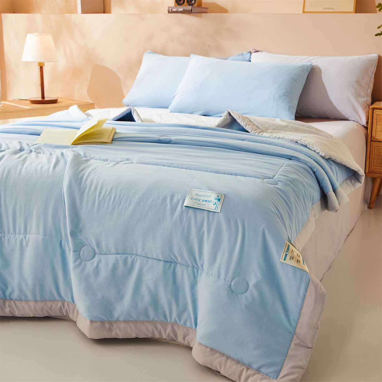 91家纺网 家纺一手货源 找家纺 罗布斯 2026新款简约纯色风水洗棉双拼夏被新疆棉花被夏凉被空调被(买家秀加微） 天空蓝拼灰