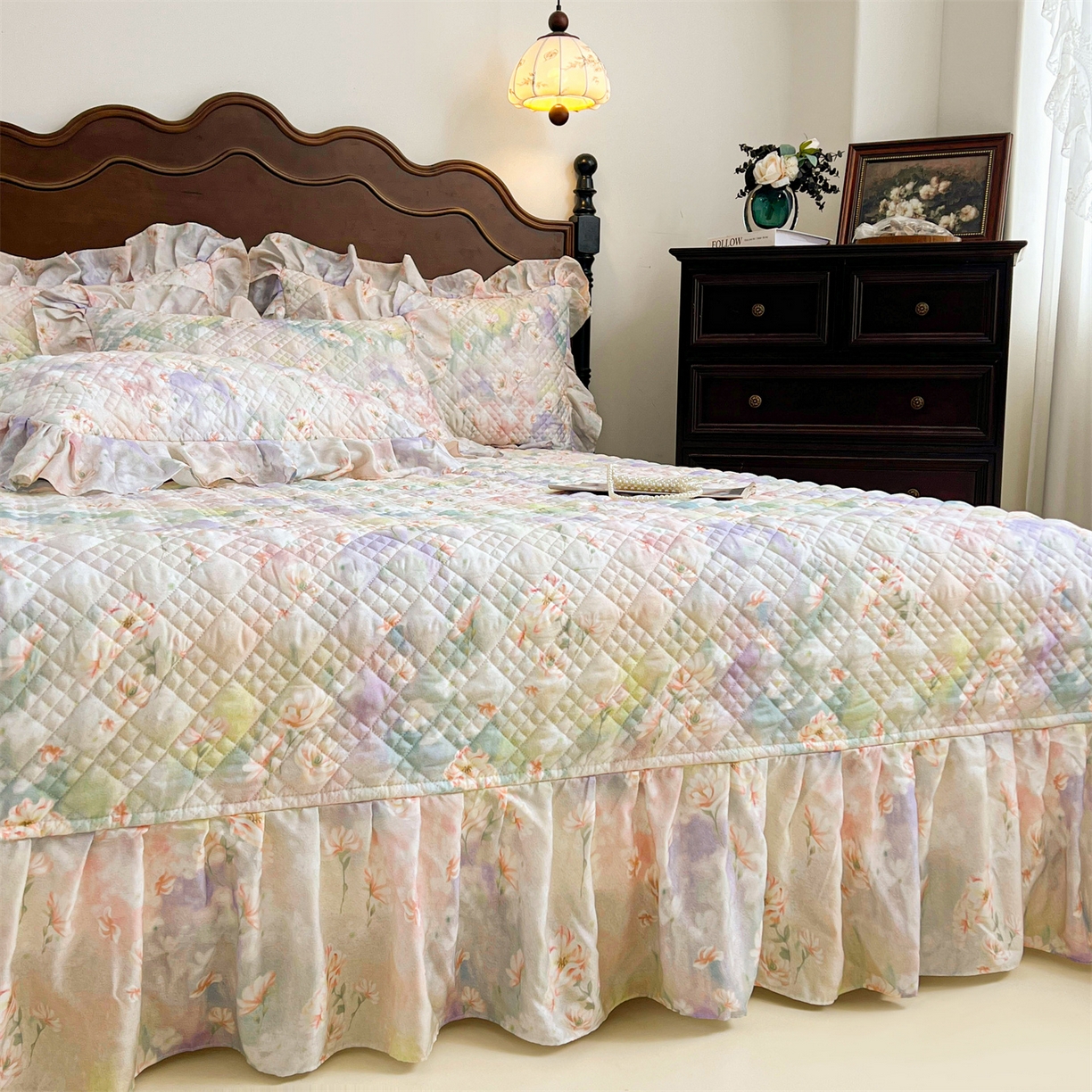 91家纺网 家纺一手货源 找家纺 宜凡 2026新款莱赛尔夹棉床盖单件床盖三件套 鸢尾幽梦