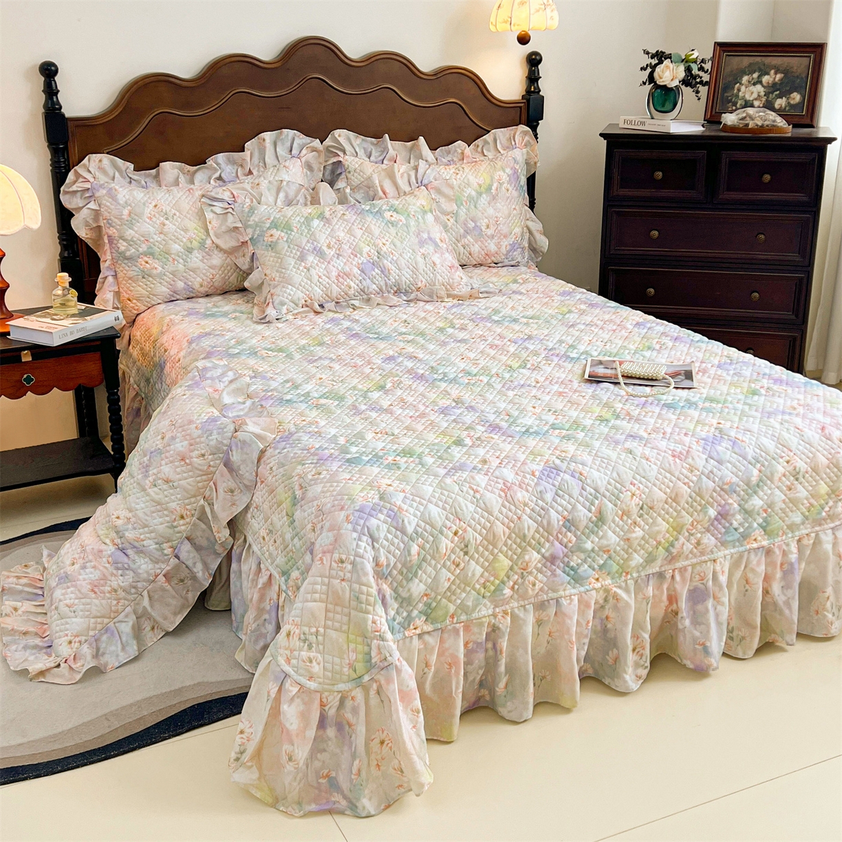 91家纺网 家纺一手货源 找家纺 宜凡 2026新款莱赛尔夹棉床盖单件床盖三件套 鸢尾幽梦