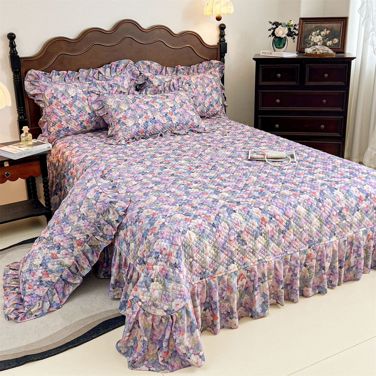 91家纺网 家纺一手货源 找家纺 宜凡 2026新款莱赛尔夹棉床盖单件床盖三件套 海棠碎影