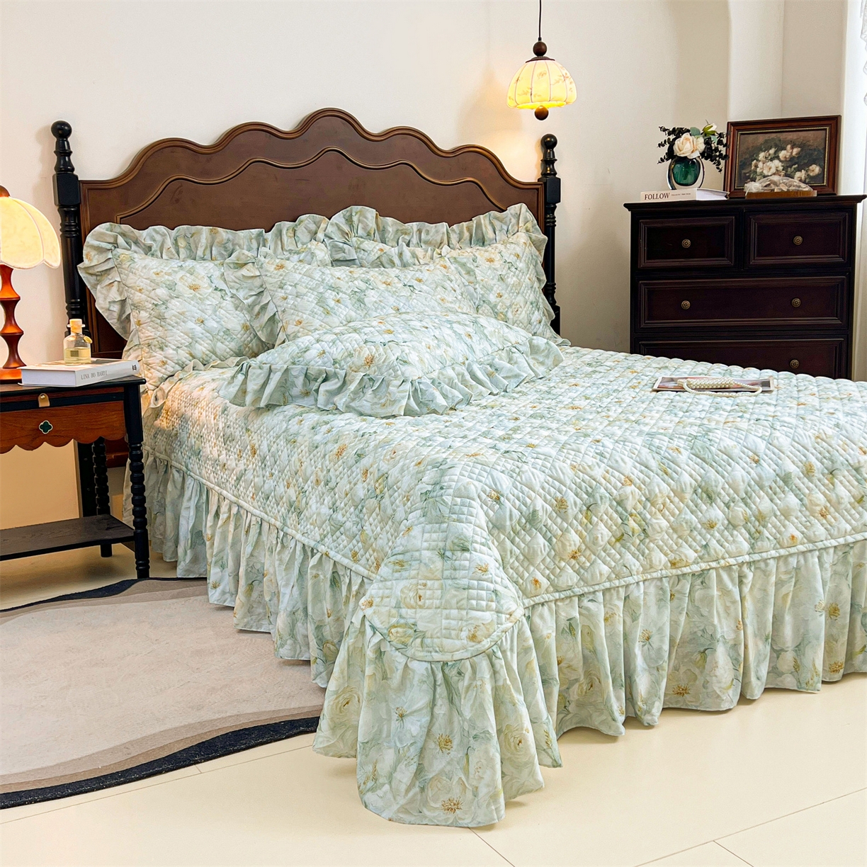 91家纺网 家纺一手货源 找家纺 宜凡 2026新款莱赛尔夹棉床盖单件床盖三件套 栀子花年