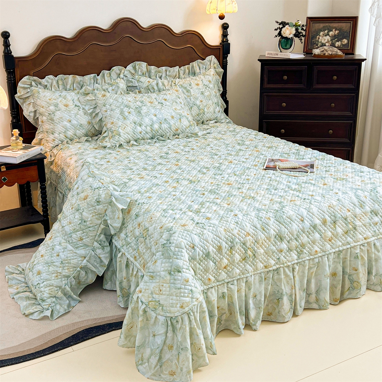 91家纺网 家纺一手货源 找家纺 宜凡 2026新款莱赛尔夹棉床盖单件床盖三件套 栀子花年