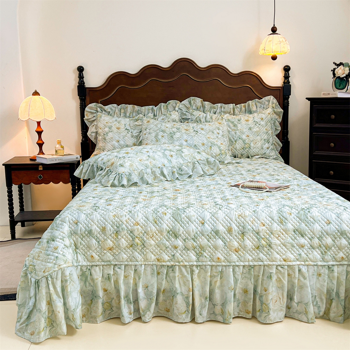 91家纺网 家纺一手货源 找家纺 宜凡 2026新款莱赛尔夹棉床盖单件床盖三件套 栀子花年