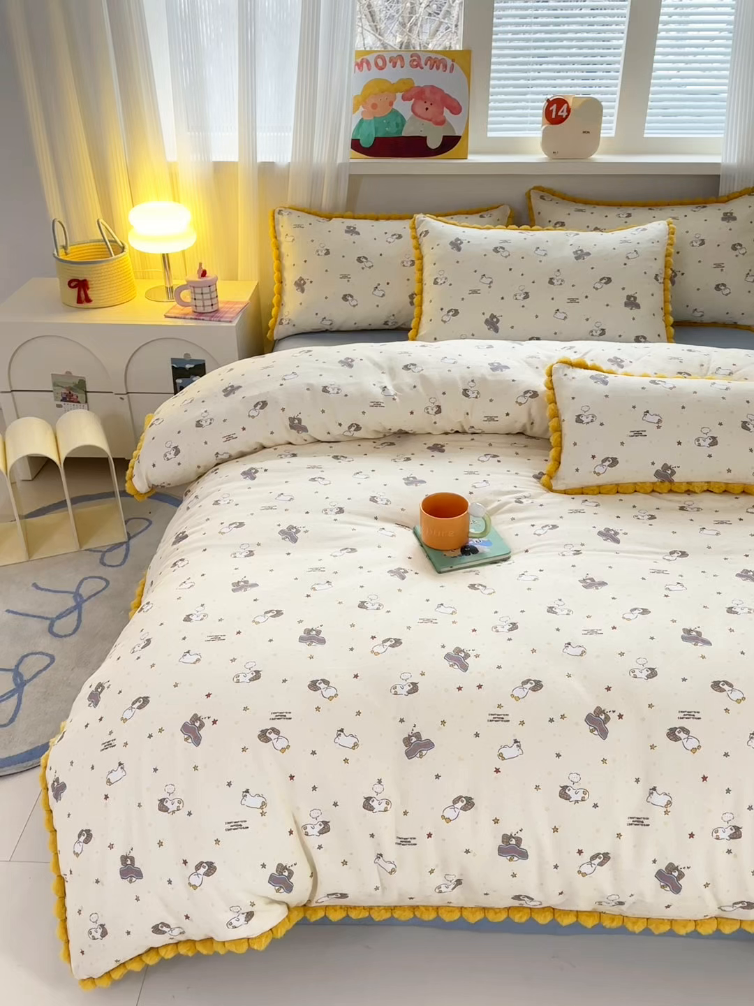 91家纺网 家纺一手货源 找家纺 （总）丽涵家纺 2026新款全棉双层纱全棉纯棉大雁纹毛球花边四件套