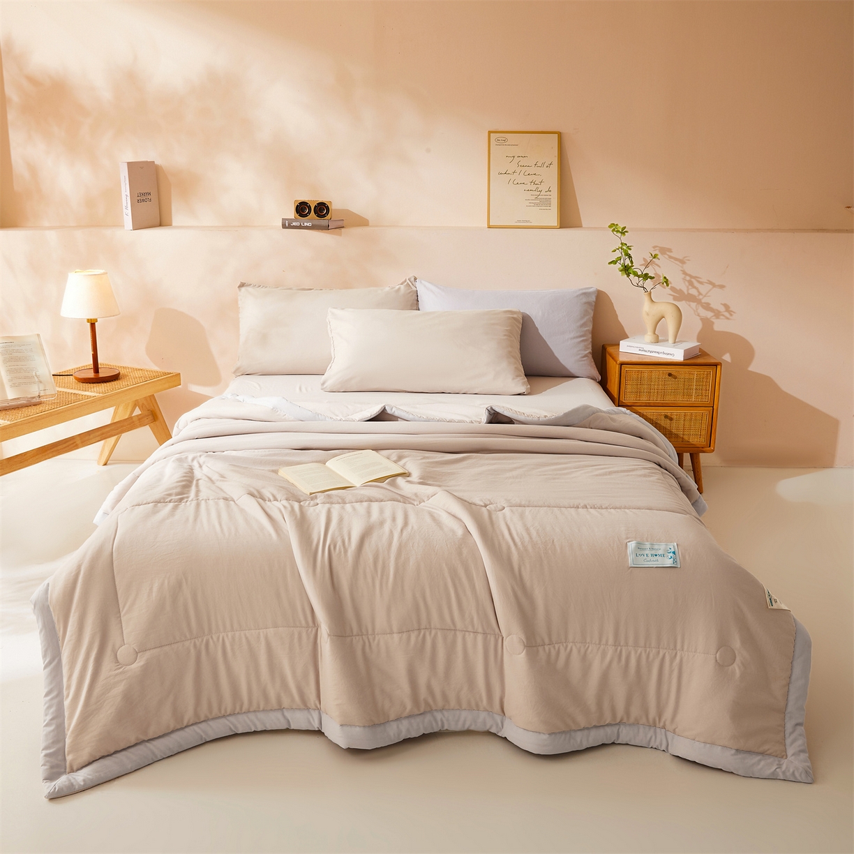 91家纺网 家纺一手货源 找家纺 罗布斯 2026新款简约纯色风水洗棉双拼夏被新疆棉花被夏凉被空调被(买家秀加微） 香槟咖