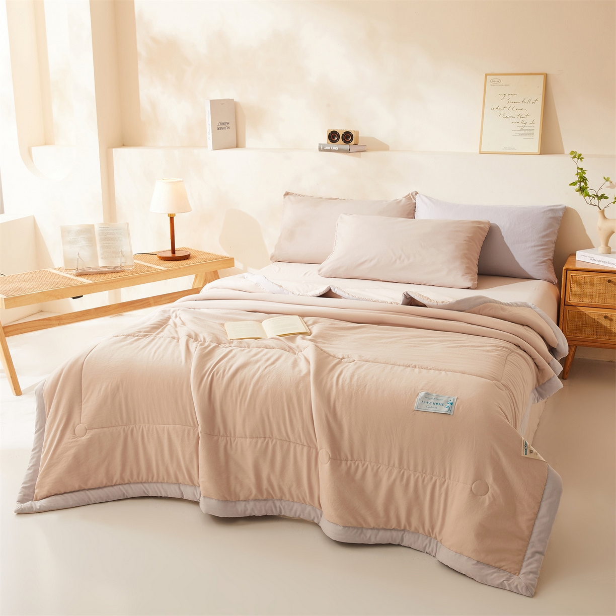 91家纺网 家纺一手货源 找家纺 罗布斯 2026新款简约纯色风水洗棉双拼夏被新疆棉花被夏凉被空调被(买家秀加微） 香槟咖