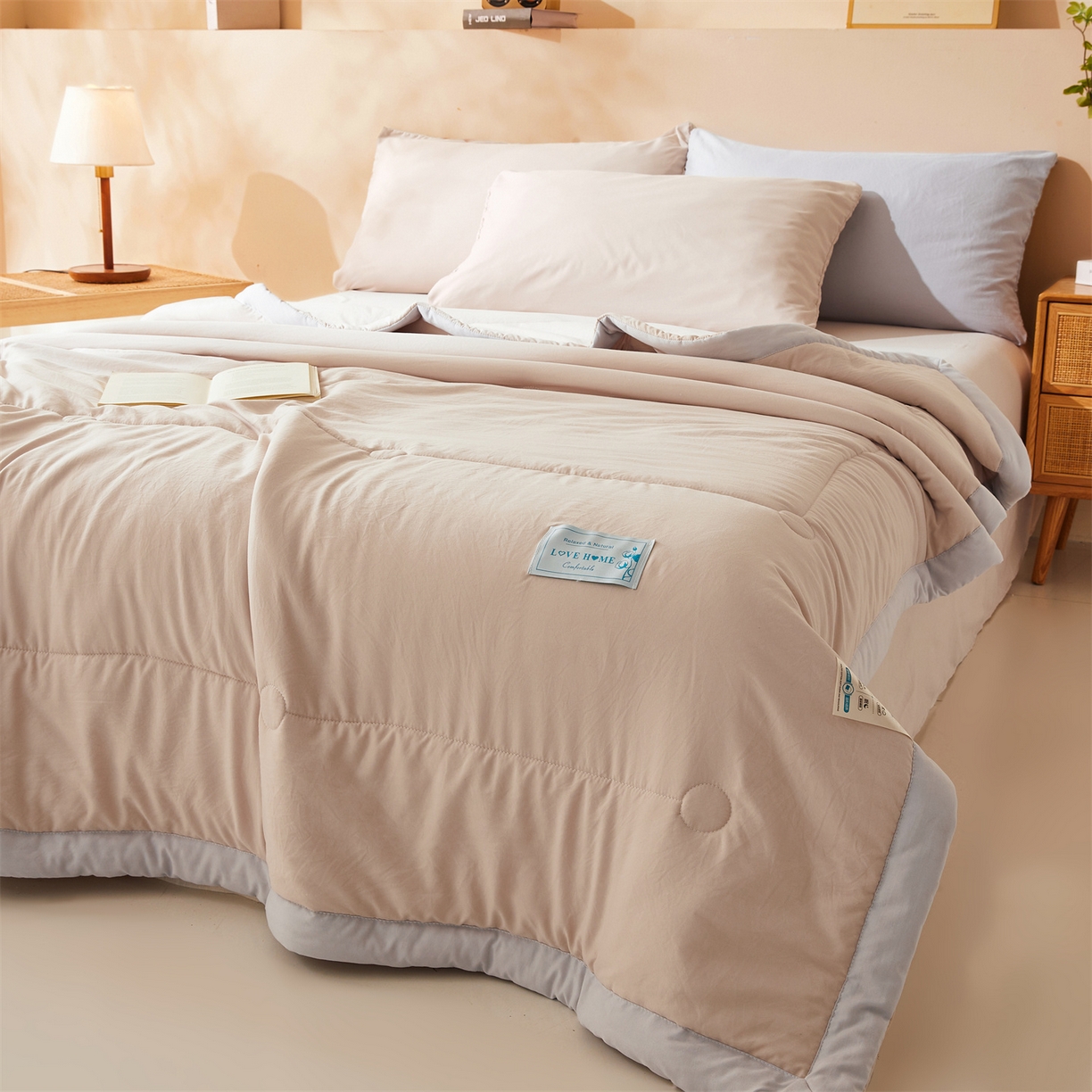 91家纺网 家纺一手货源 找家纺 罗布斯 2026新款简约纯色风水洗棉双拼夏被新疆棉花被夏凉被空调被(买家秀加微） 香槟咖