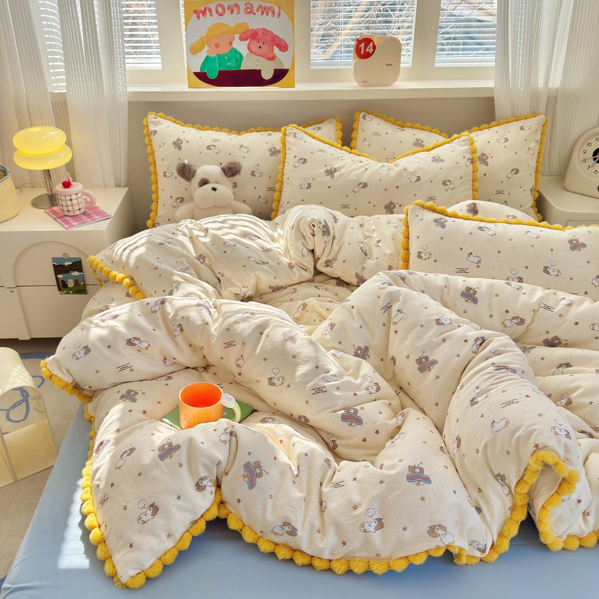 91家纺网 家纺一手货源 找家纺 （总）丽涵家纺 2026新款全棉双层纱全棉纯棉大雁纹毛球花边四件套