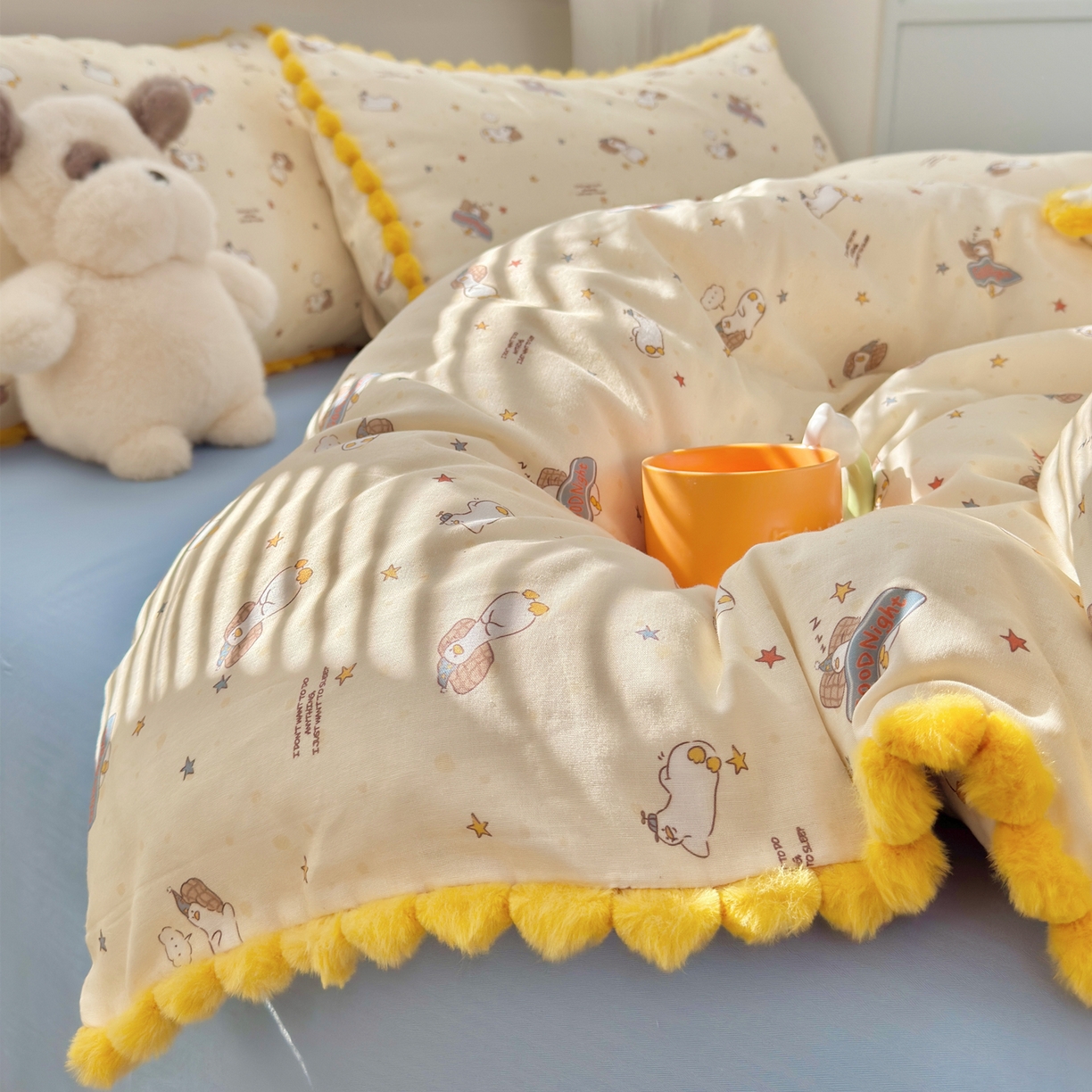 91家纺网 家纺一手货源 找家纺 （总）丽涵家纺 2026新款全棉双层纱全棉纯棉大雁纹毛球花边四件套