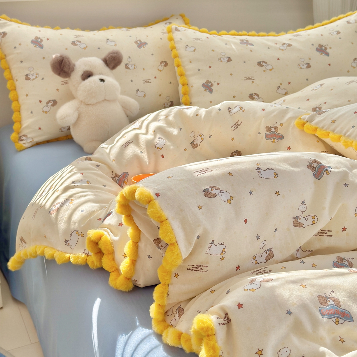 91家纺网 家纺一手货源 找家纺 （总）丽涵家纺 2026新款全棉双层纱全棉纯棉大雁纹毛球花边四件套