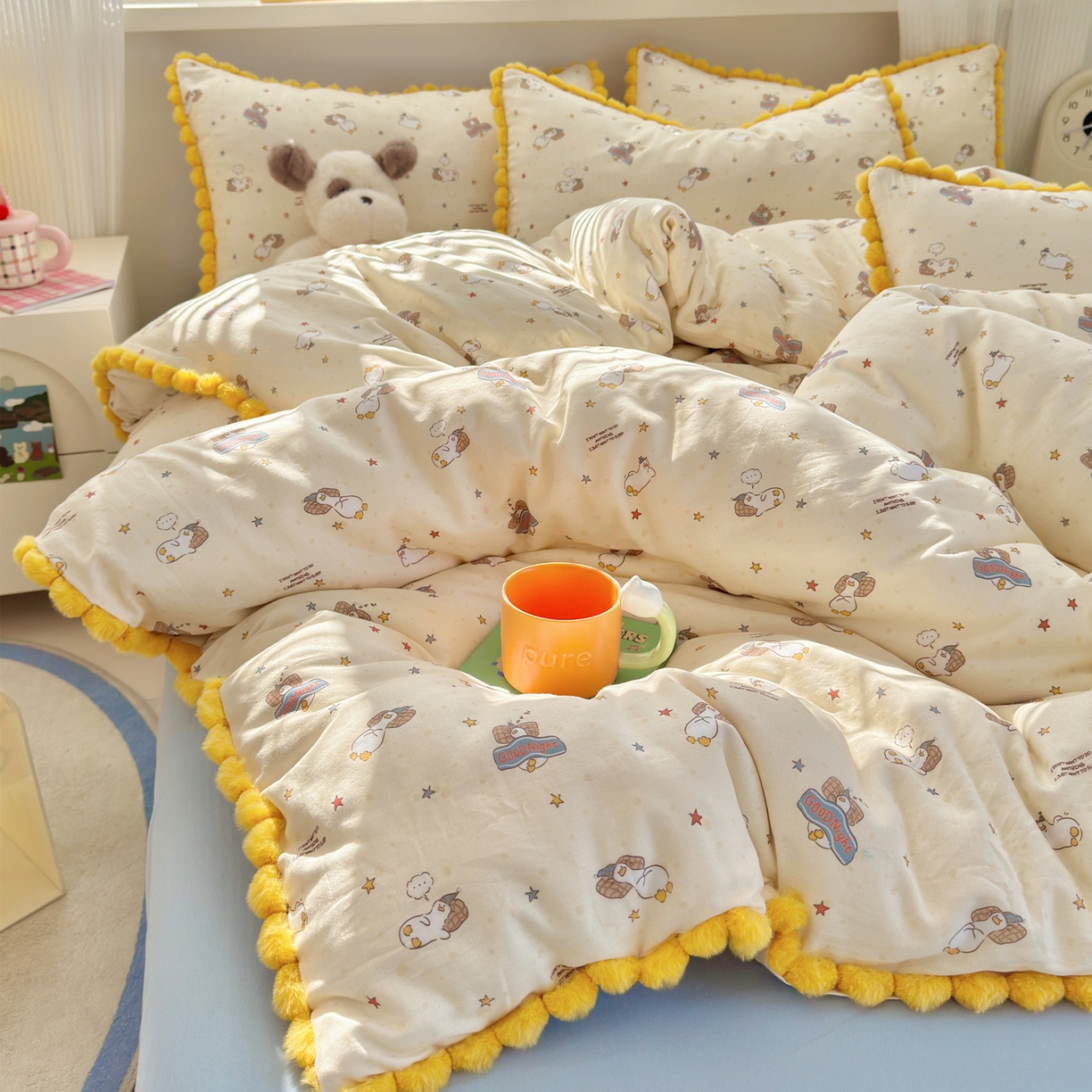 91家纺网 家纺一手货源 找家纺 （总）丽涵家纺 2026新款全棉双层纱全棉纯棉大雁纹毛球花边四件套