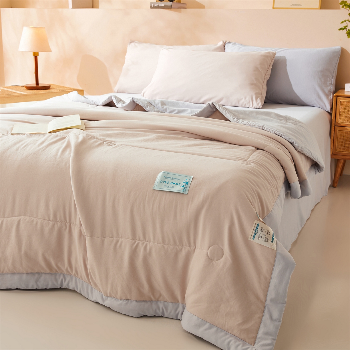 91家纺网 家纺一手货源 找家纺 罗布斯 2026新款简约纯色风水洗棉双拼夏被新疆棉花被夏凉被空调被(买家秀加微） 香槟咖拼灰