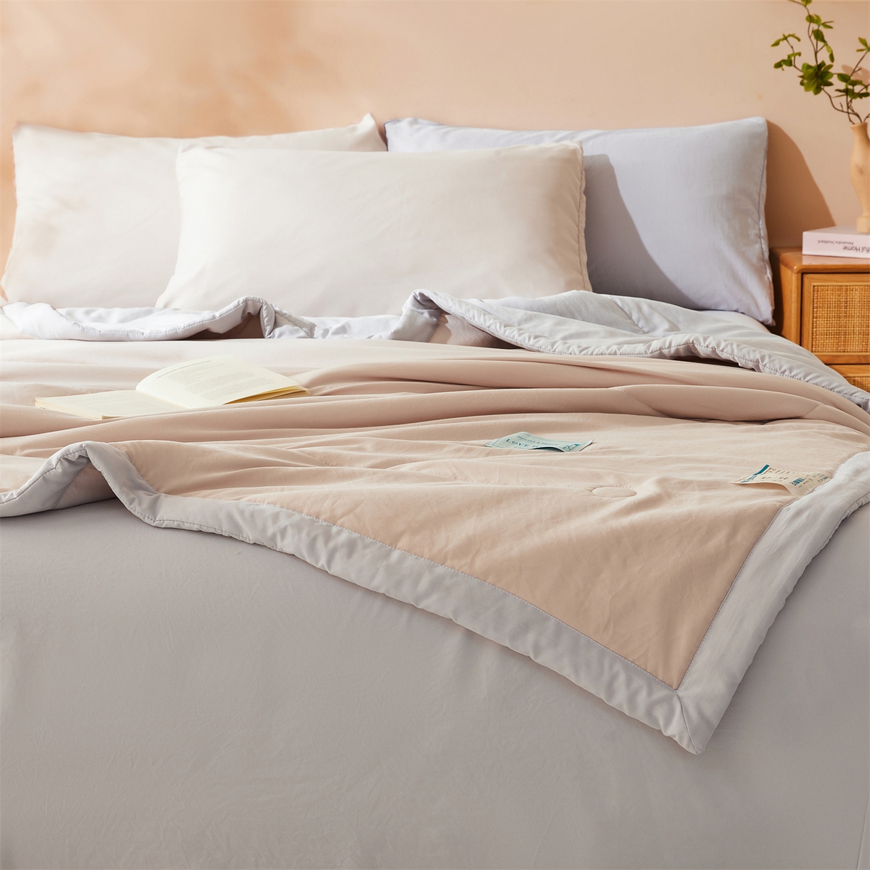 91家纺网 家纺一手货源 找家纺 罗布斯 2026新款简约纯色风水洗棉双拼夏被新疆棉花被夏凉被空调被(买家秀加微） 香槟咖拼灰