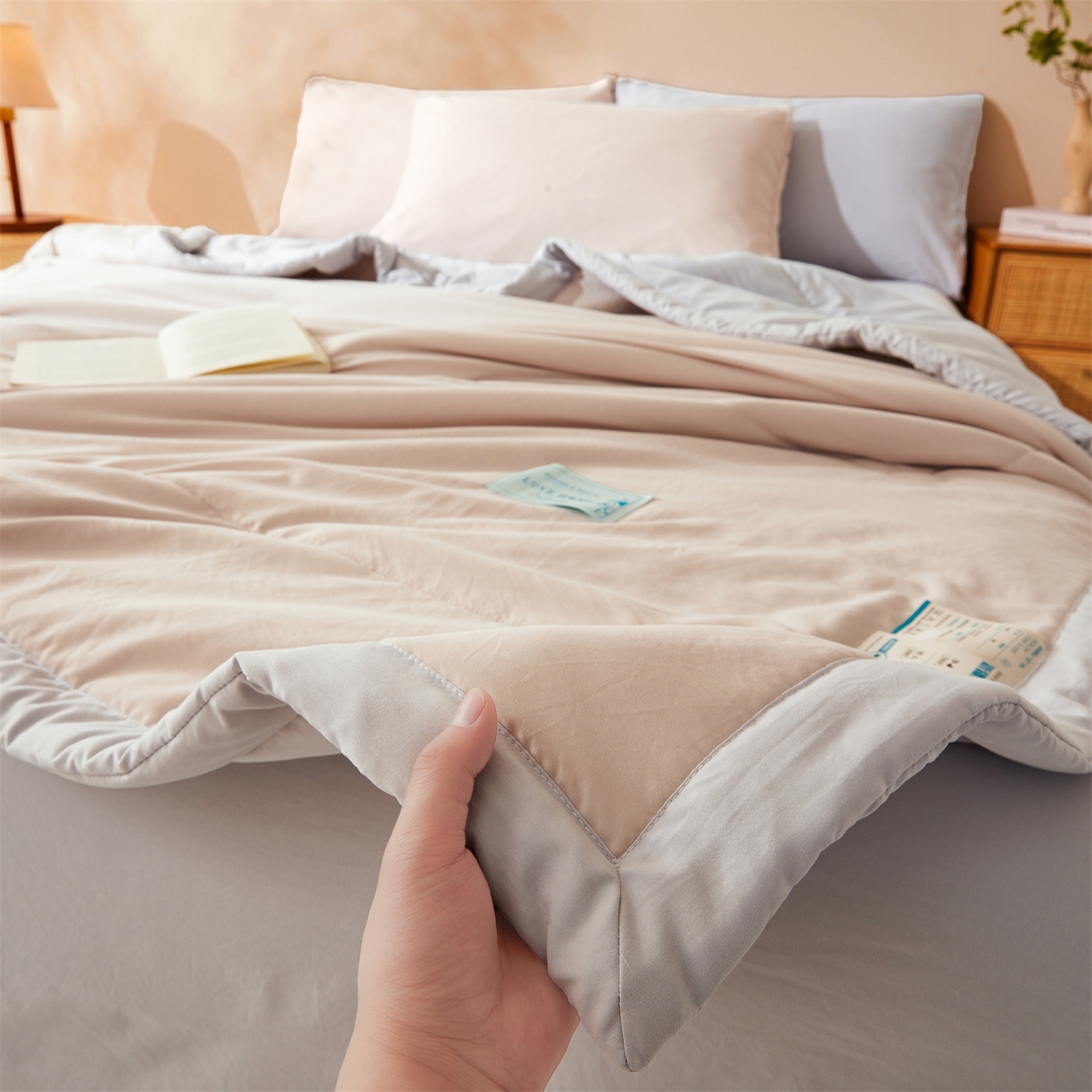 91家纺网 家纺一手货源 找家纺 罗布斯 2026新款简约纯色风水洗棉双拼夏被新疆棉花被夏凉被空调被(买家秀加微） 香槟咖拼灰