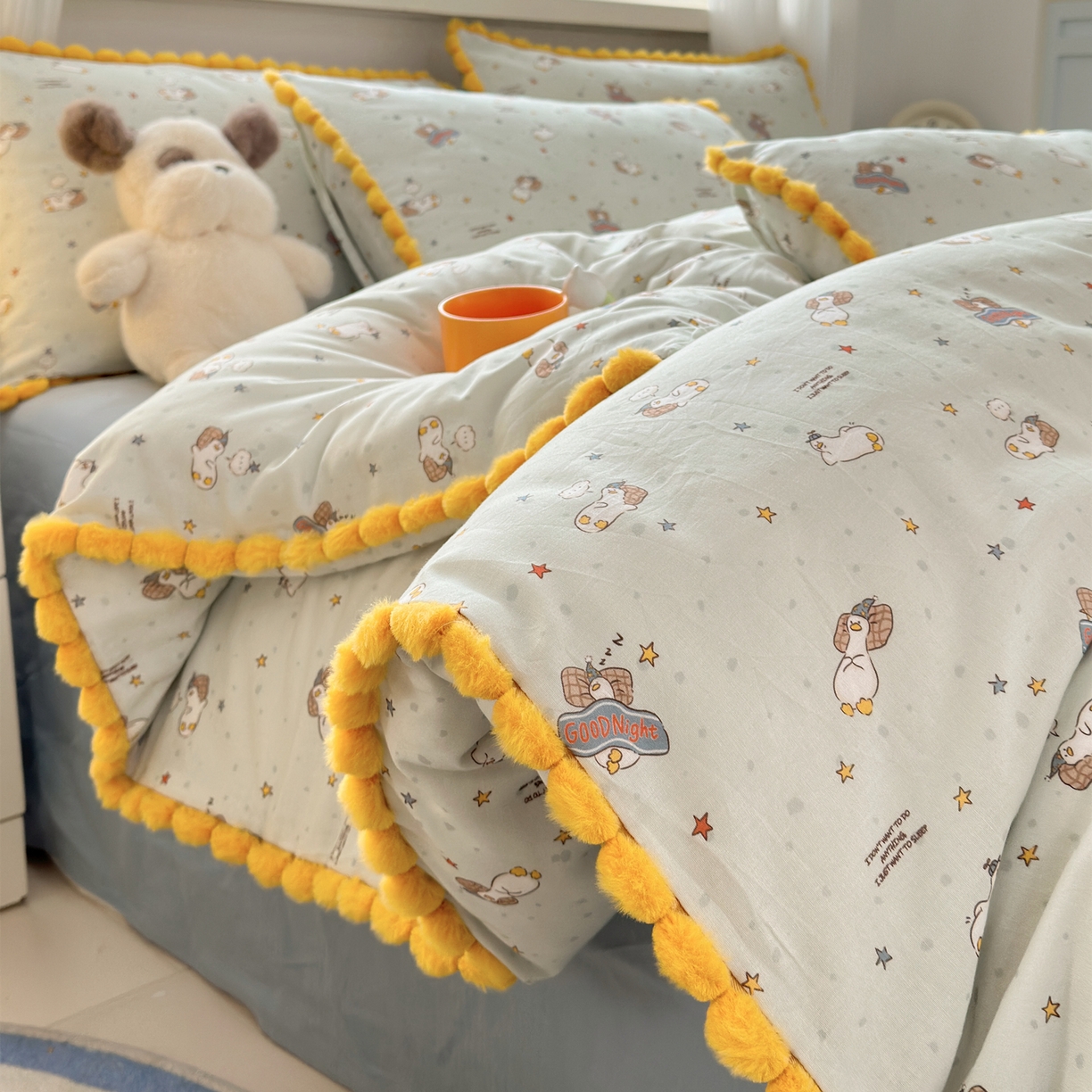 91家纺网 家纺一手货源 找家纺 （总）丽涵家纺 2026新款全棉双层纱全棉纯棉大雁纹毛球花边四件套