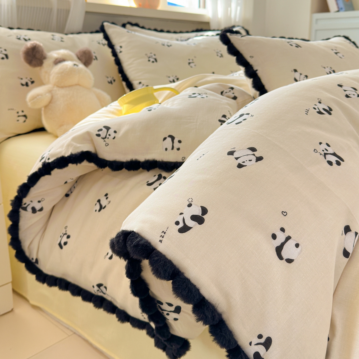 91家纺网 家纺一手货源 找家纺 （总）丽涵家纺 2026新款全棉双层纱全棉纯棉大雁纹毛球花边四件套