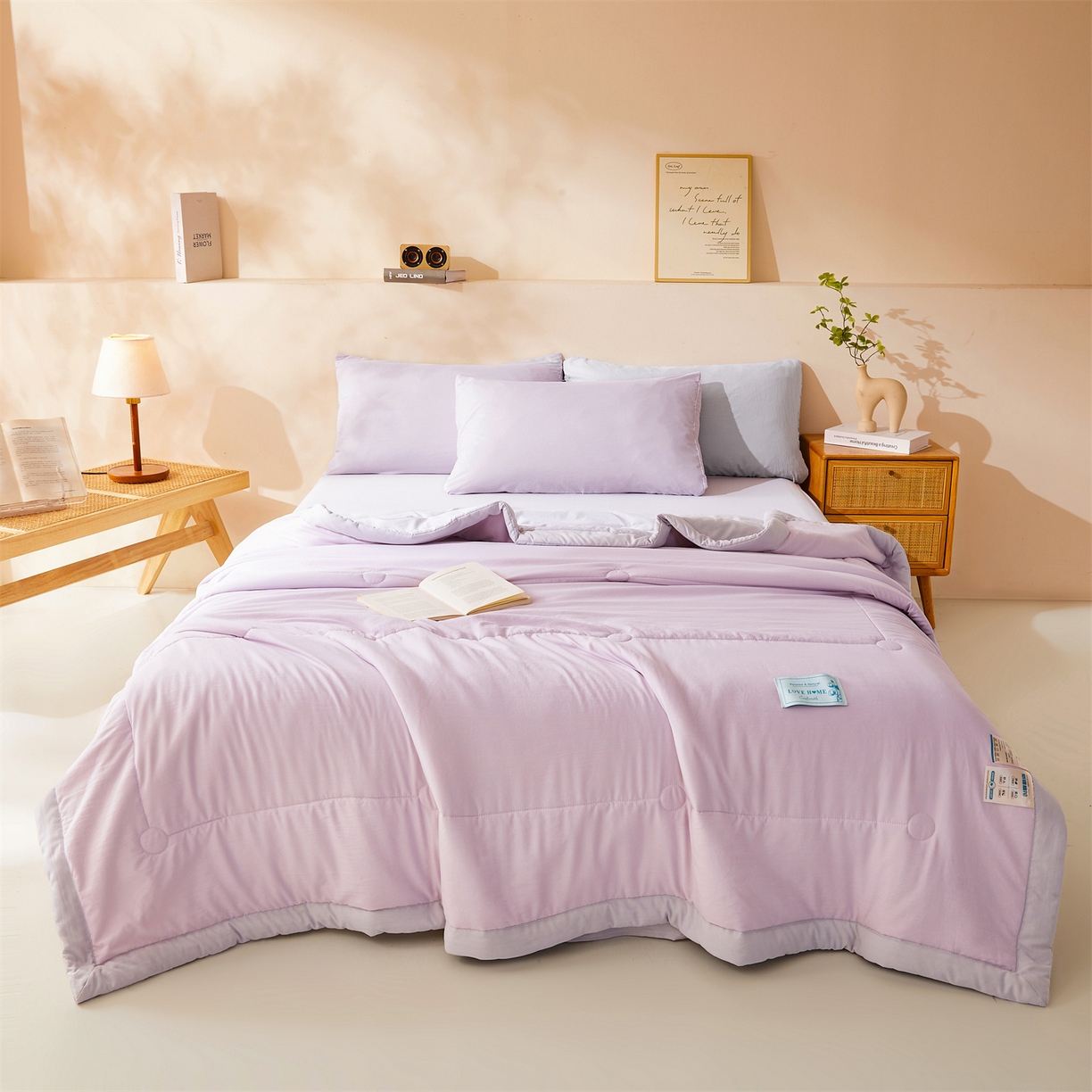 91家纺网 家纺一手货源 找家纺 罗布斯 2026新款简约纯色风水洗棉双拼夏被新疆棉花被夏凉被空调被(买家秀加微） 香氛紫拼灰