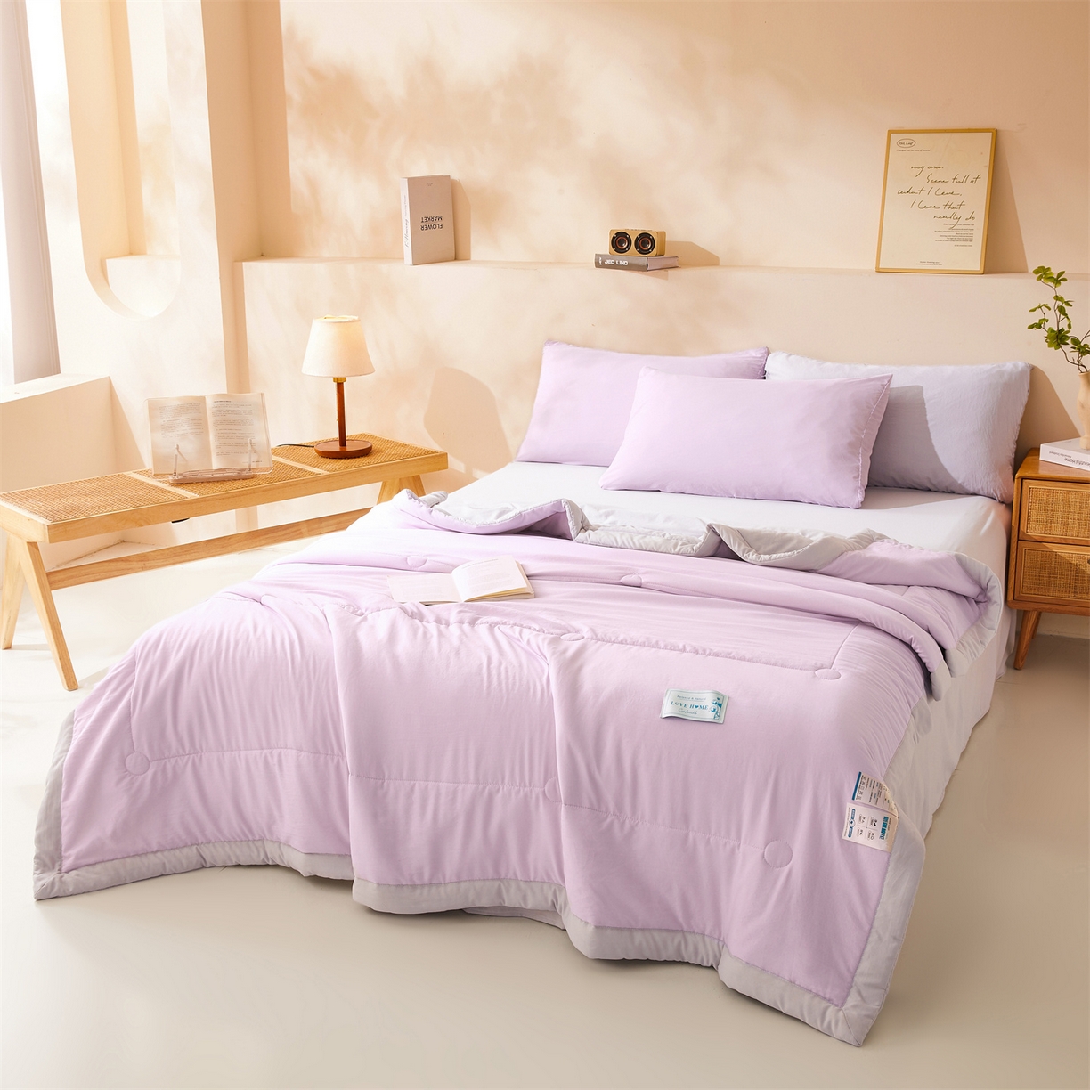 91家纺网 家纺一手货源 找家纺 罗布斯 2026新款简约纯色风水洗棉双拼夏被新疆棉花被夏凉被空调被(买家秀加微） 香氛紫拼灰