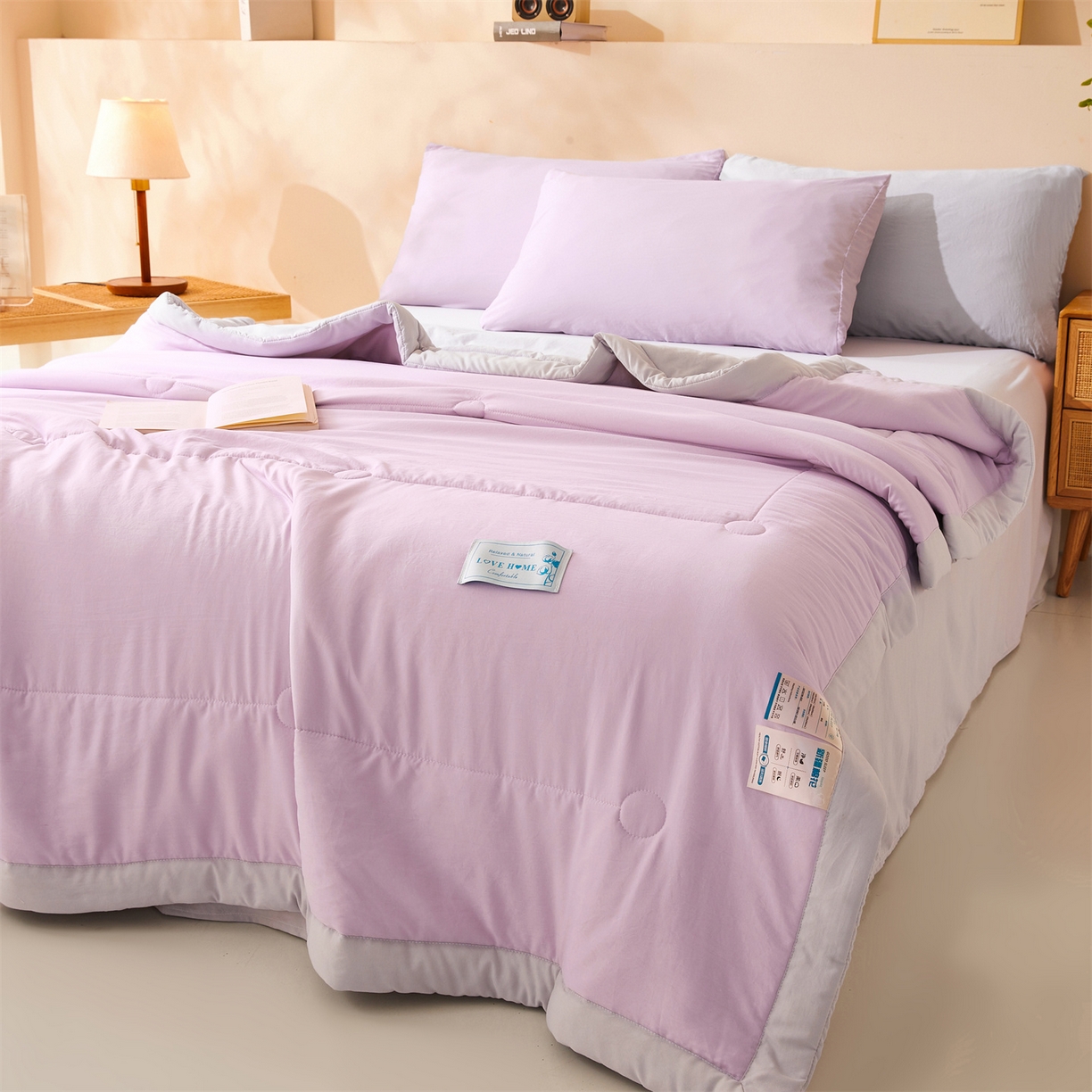 91家纺网 家纺一手货源 找家纺 罗布斯 2026新款简约纯色风水洗棉双拼夏被新疆棉花被夏凉被空调被(买家秀加微） 香氛紫拼灰
