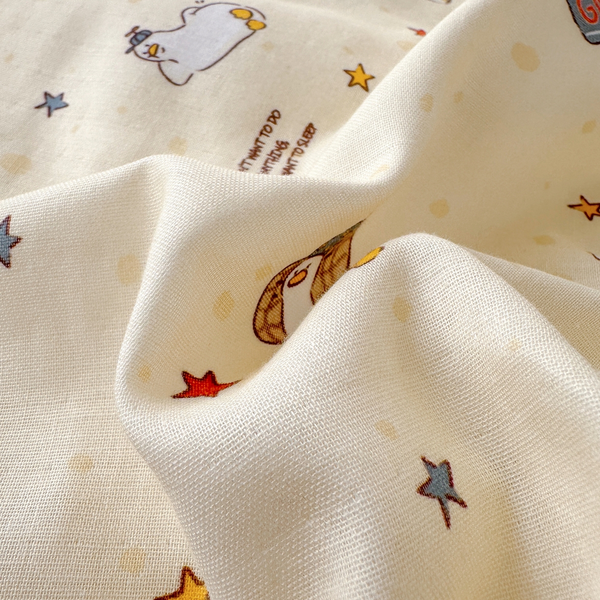 91家纺网 家纺一手货源 找家纺 丽涵家纺 2026新款全棉双层纱全棉纯棉大雁纹毛球花边四件套 晚安鸭-黄